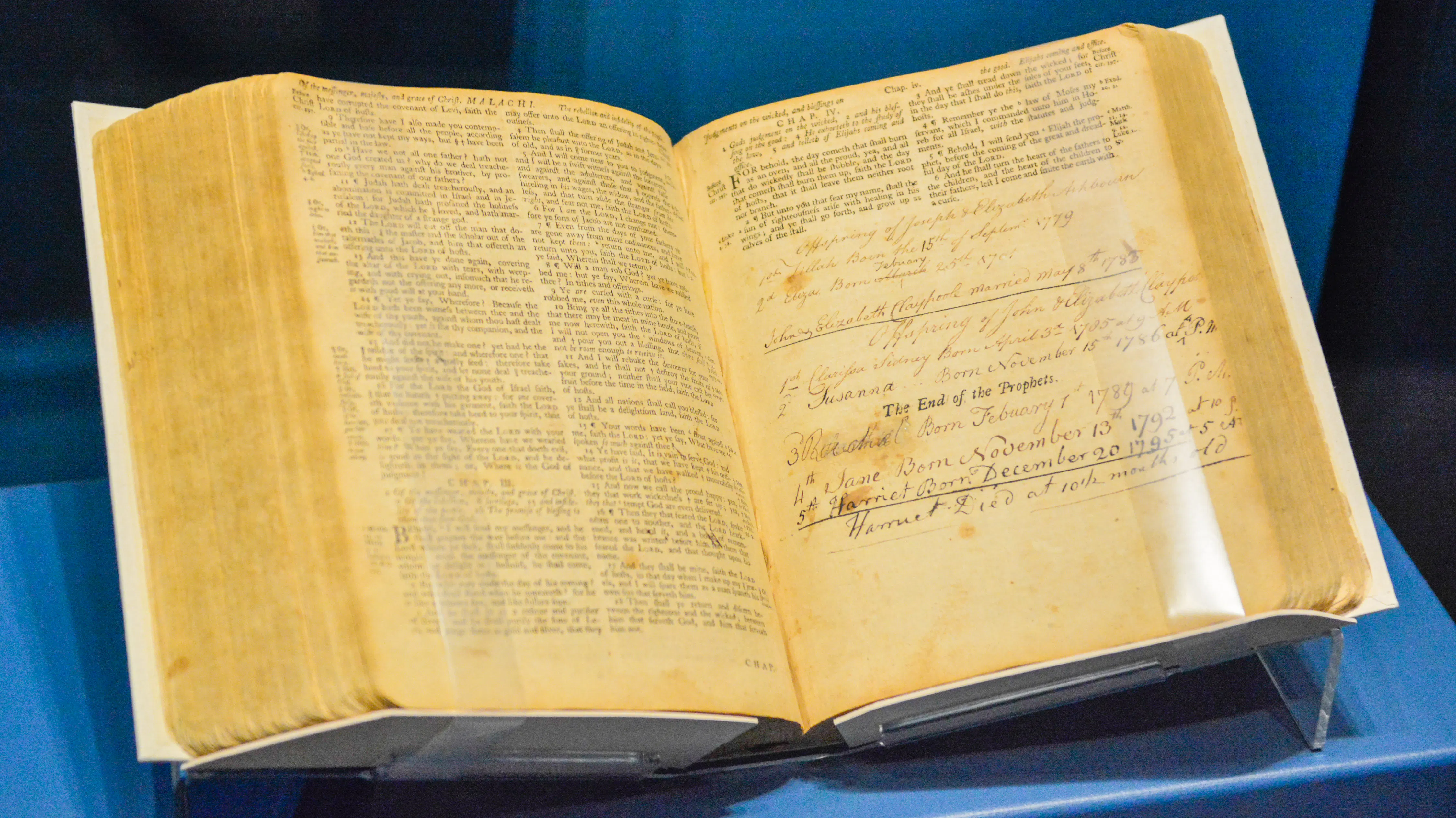 The Claypoole family Bible on display in the Museum's core galleries.