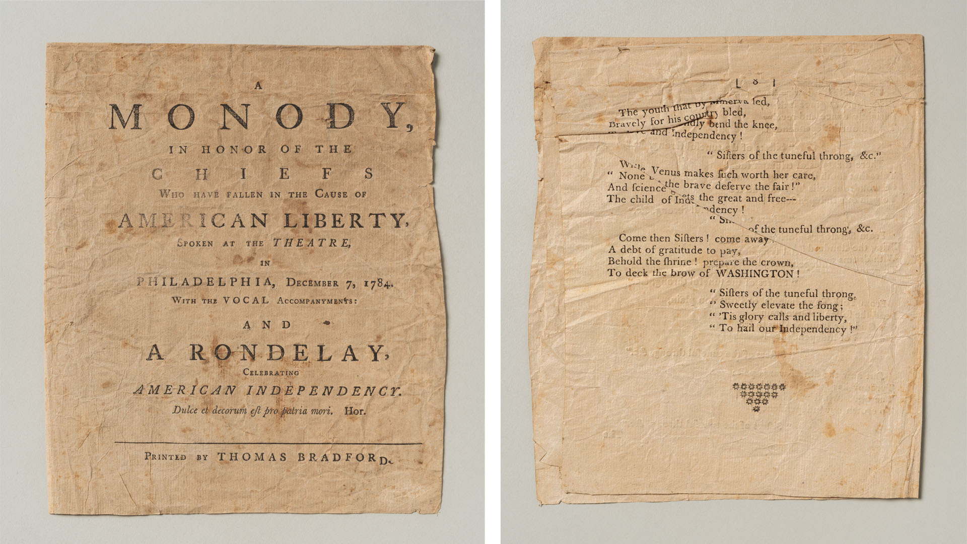 On the left is the front cover of a Revolutionary era theater program from a monody at Southwark Theater in Philadelphia. To the right, is the back page.