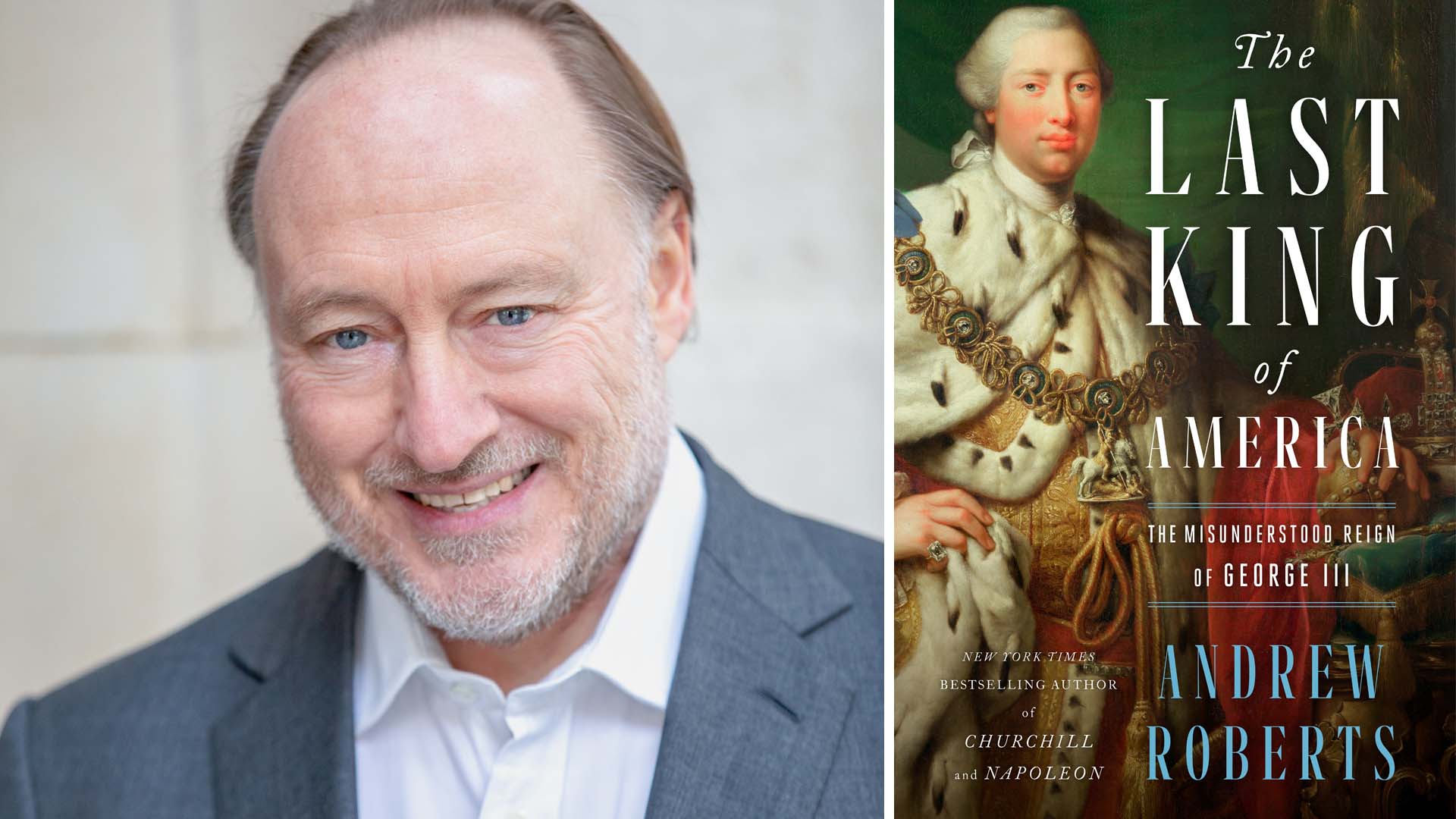 Andrew Roberts headshot and Last King Of America Book
