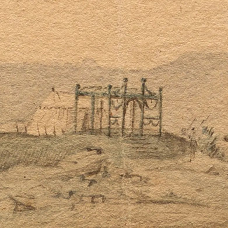 A zoomed in section of Verplanck's Point featuring General Washington’s tent perched on a hill overlooking the encampment