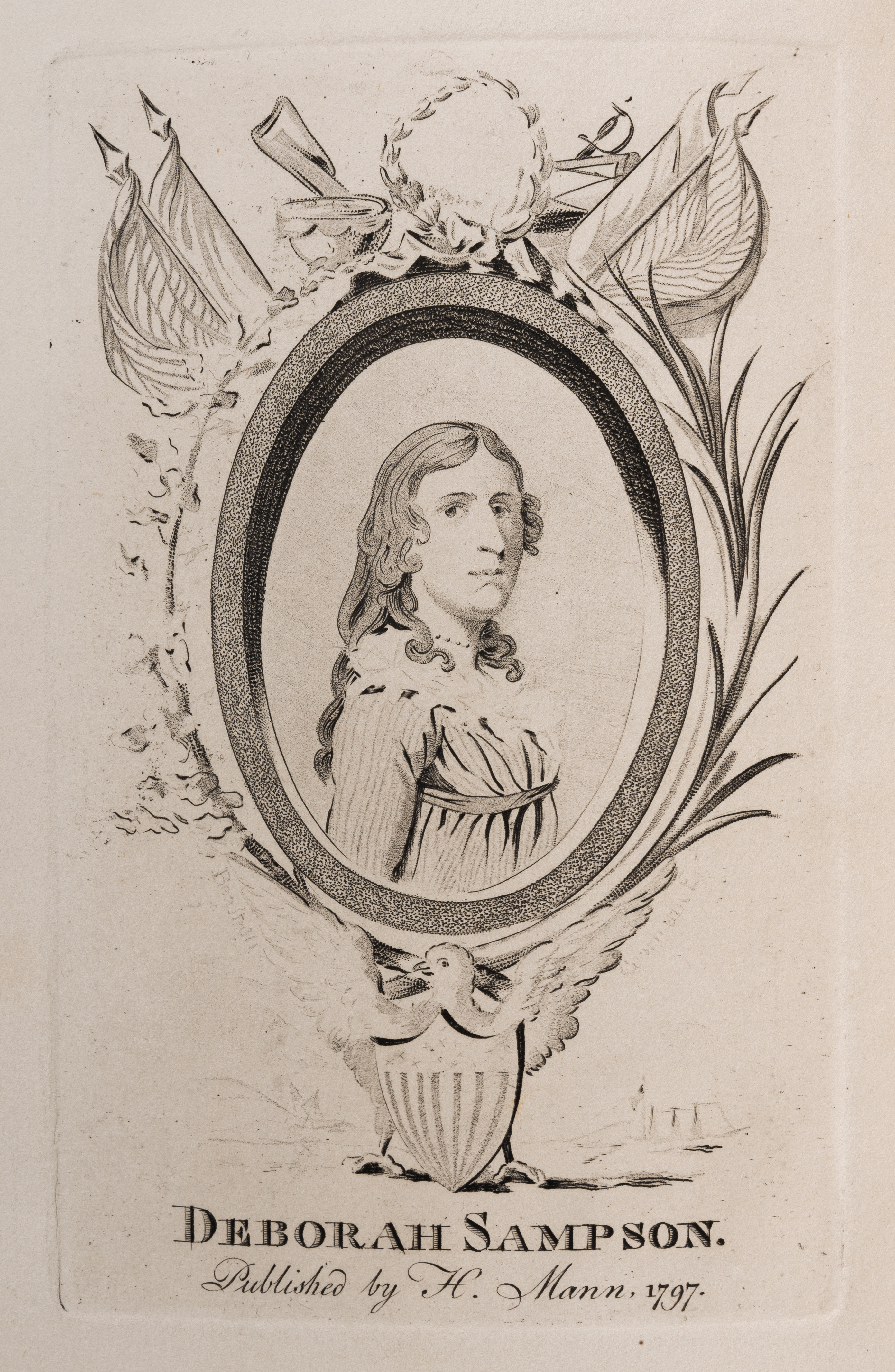 Printed black and white portrait of Deborah Sampson surrounded by military and patriotic symbols