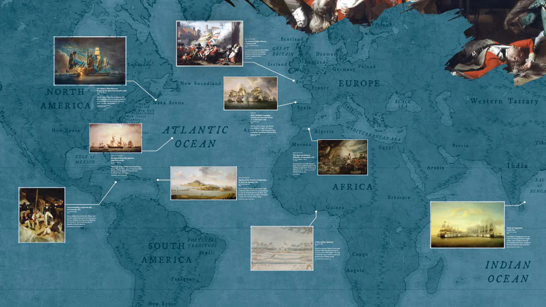 World map depiciting events related to the American Revolution