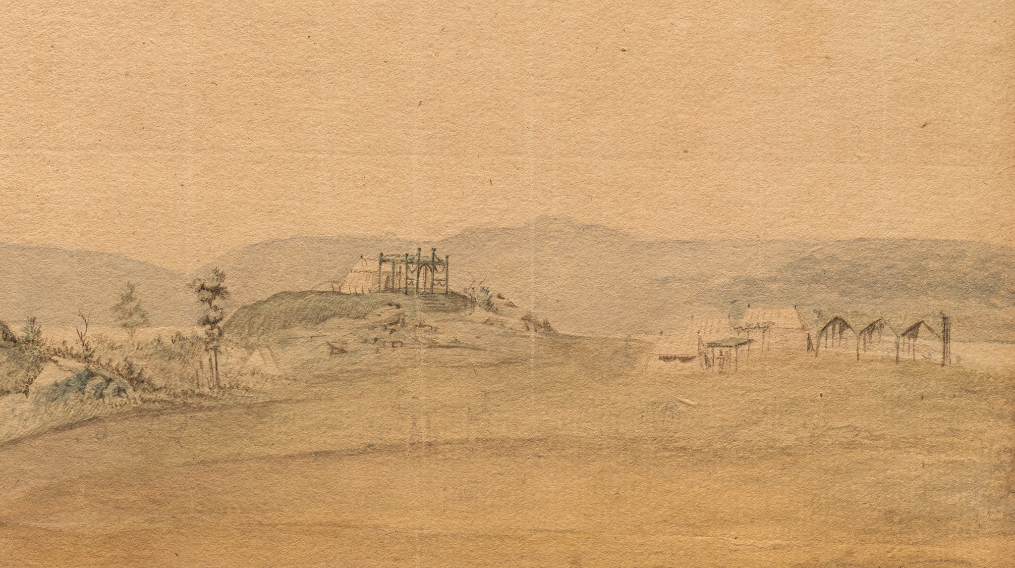 A zoomed in section of Verplanck's Point featuring General Washington’s tent perched on a hill overlooking the encampment