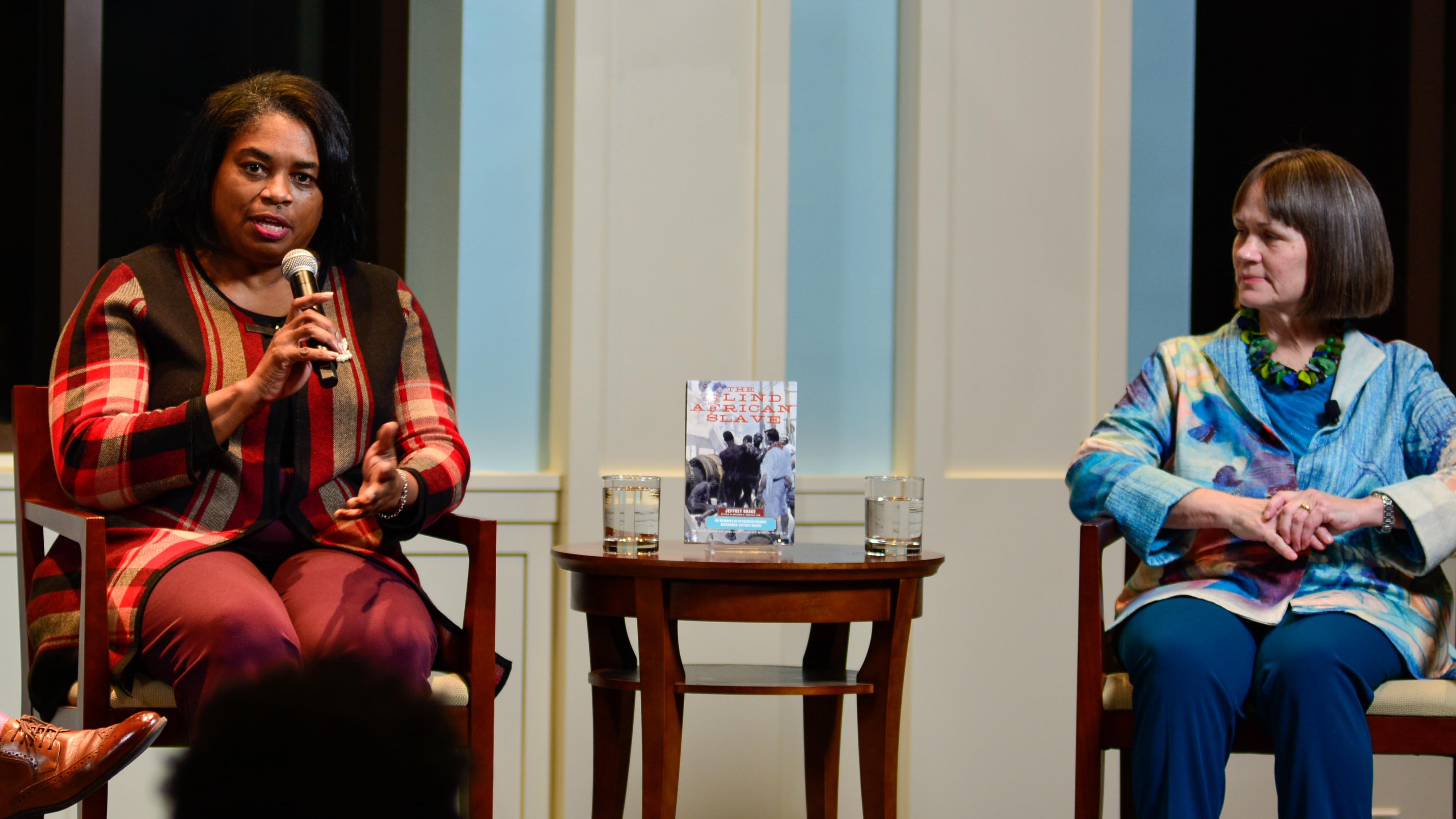 Rhonda Brace (left), a descendent of Jeffrey Brace, who was enslaved during the Revolutionary era, found freedom, and wrote a memoir in 1810, which was republished in 2004 by Kari Winter (right).