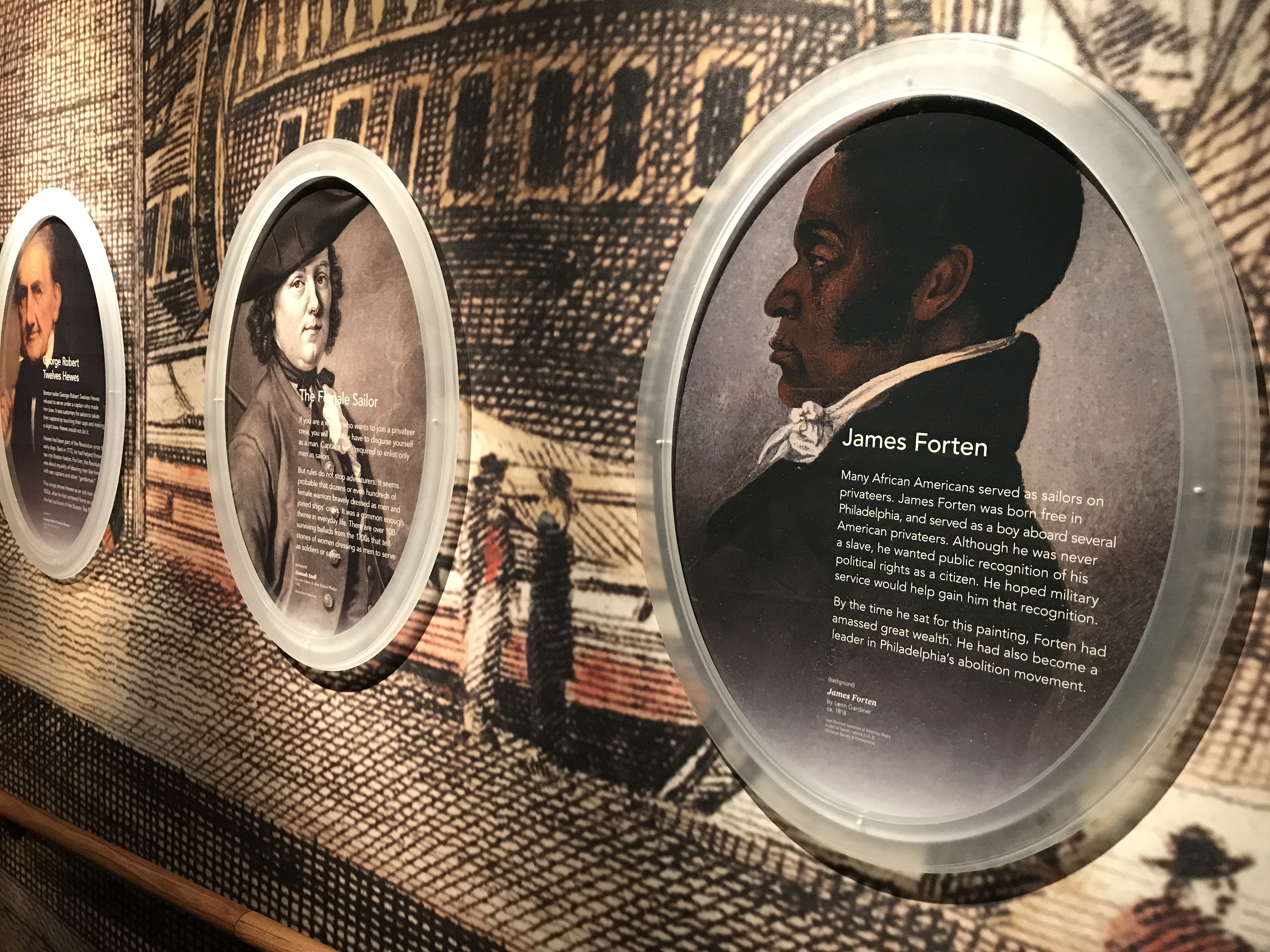A portrait of James Forten is printed on a wall graphic in the Museum's core exhibition.