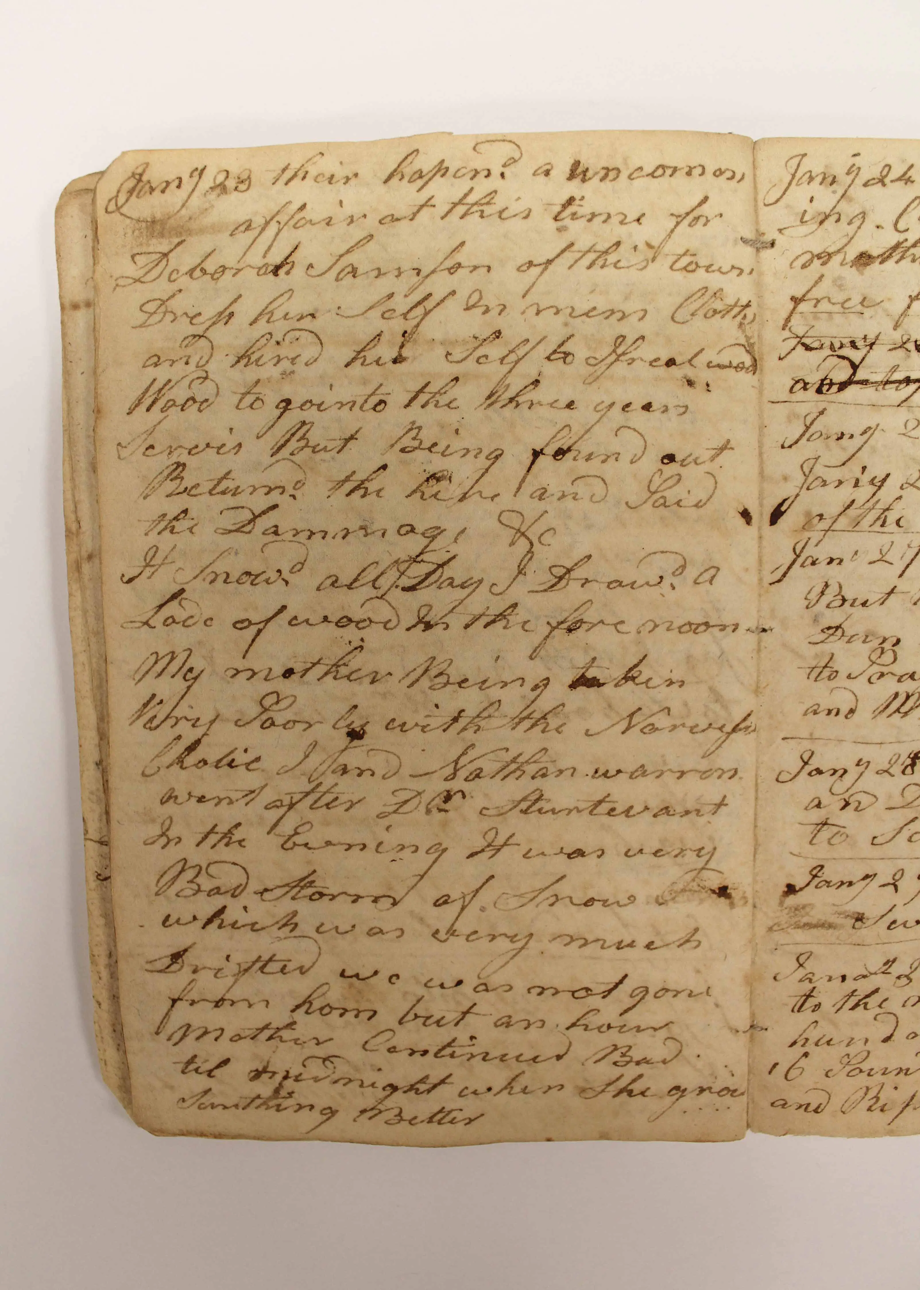 Photo of an Abner Weston diary mentioning Deborah Sampson.