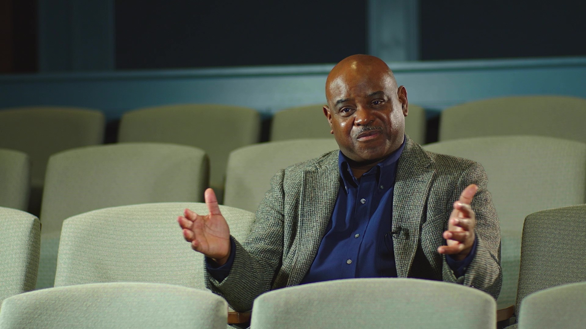 Maurice Goodman sits in the Alan B. Miller Theater and discusses what Washington's tent means to him.