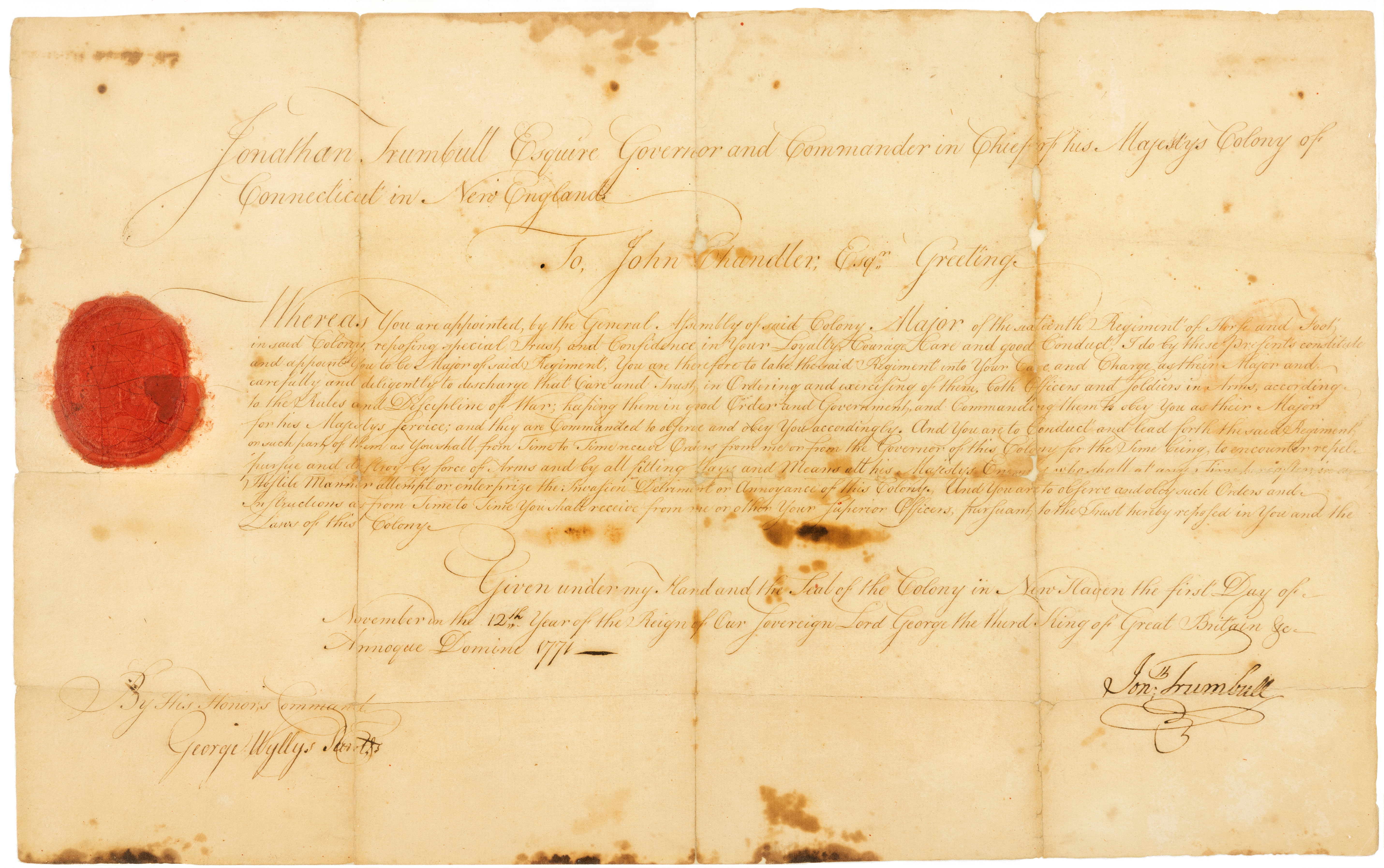 Stained and creased handwritten document marked with a red wax seal on the left side