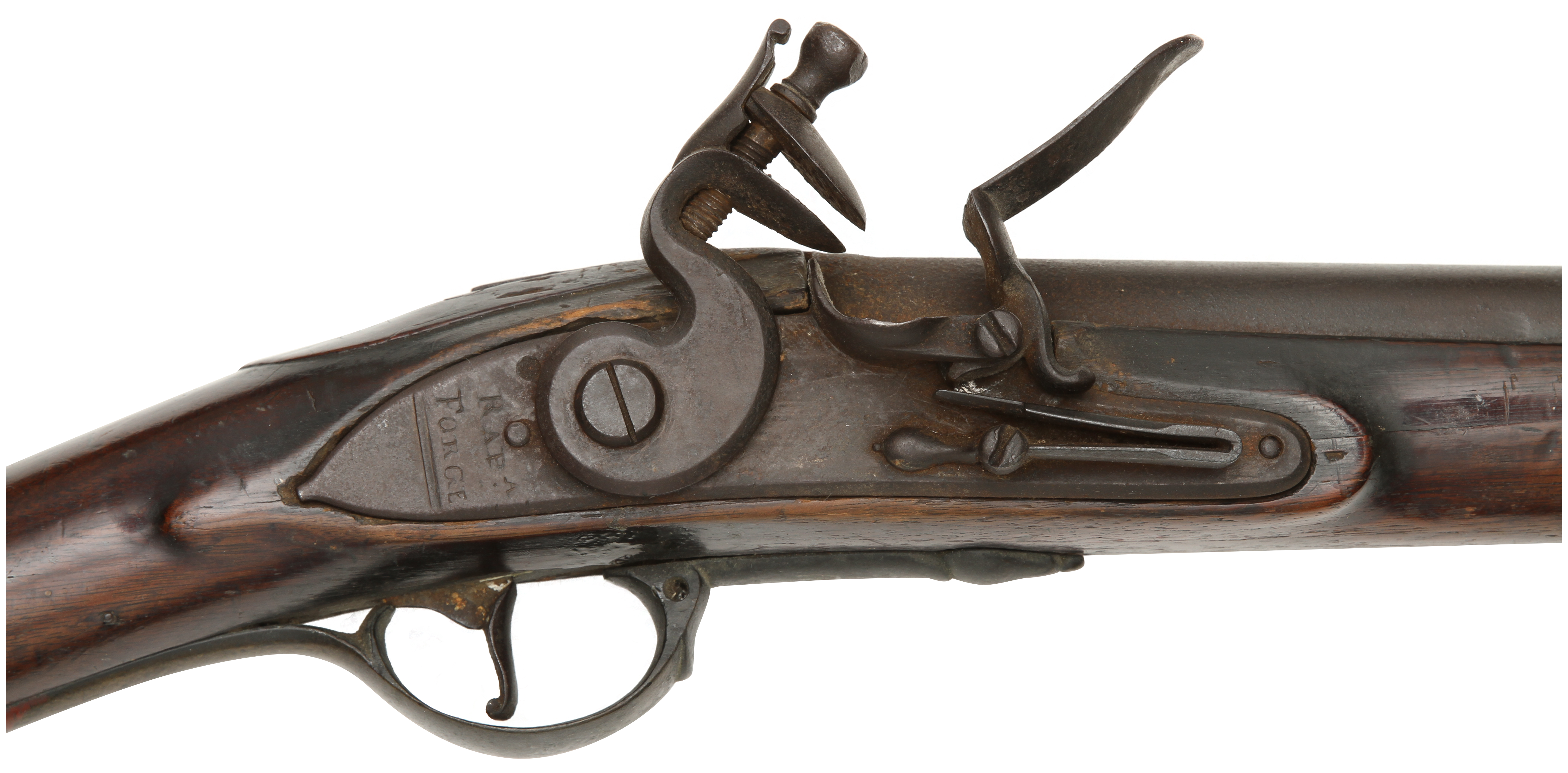 Close-up of the lock of a musket, engraved "Rapa Forge"