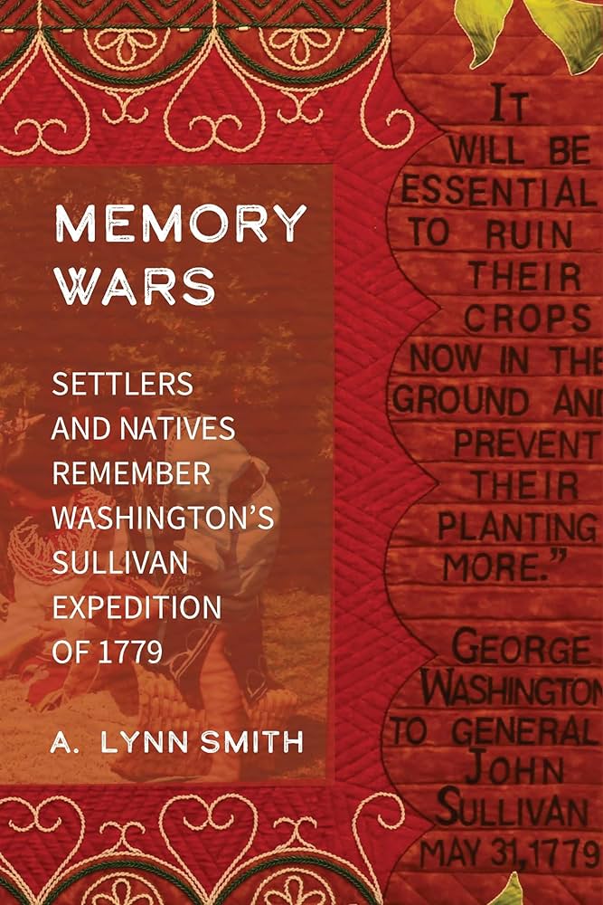 This image shows the book cover for the book Memory Wars with a red background textured with Native American symbols and the book title and author name in white font to the left side.