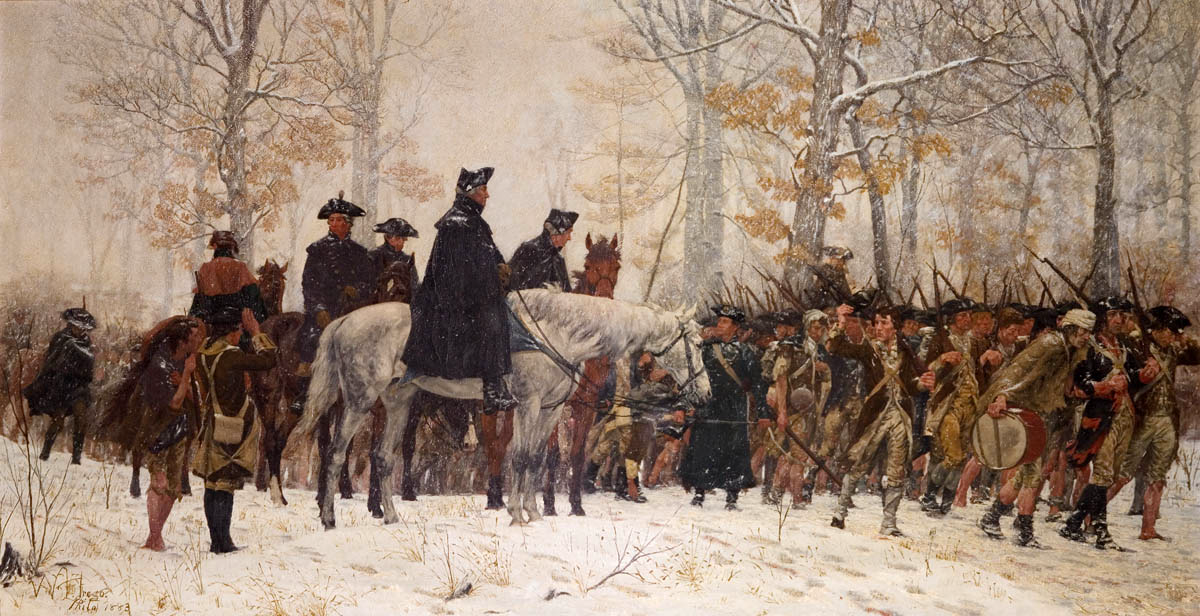 Framed painting of weary soldiers on foot and officers on horseback in a barren winter landscape