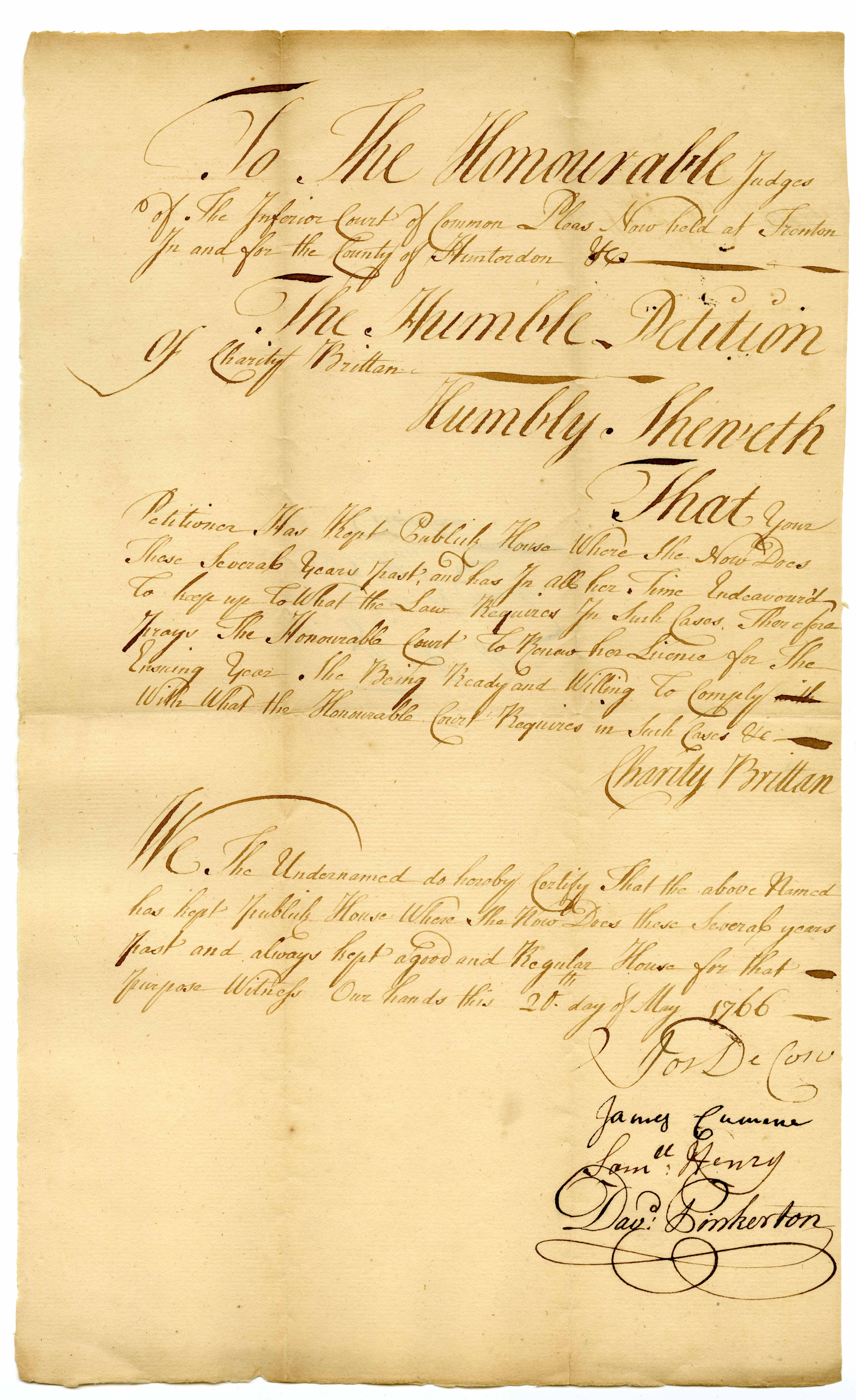 Photo of Petition for Tavern License, Charity Brittan.