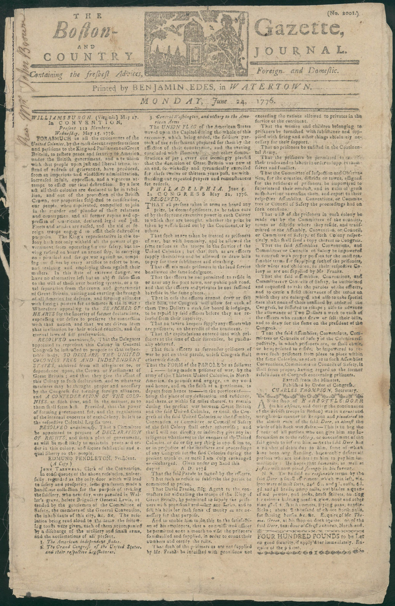 An image of the Instructions by the Virginia Convention to Their Delegates in Congress