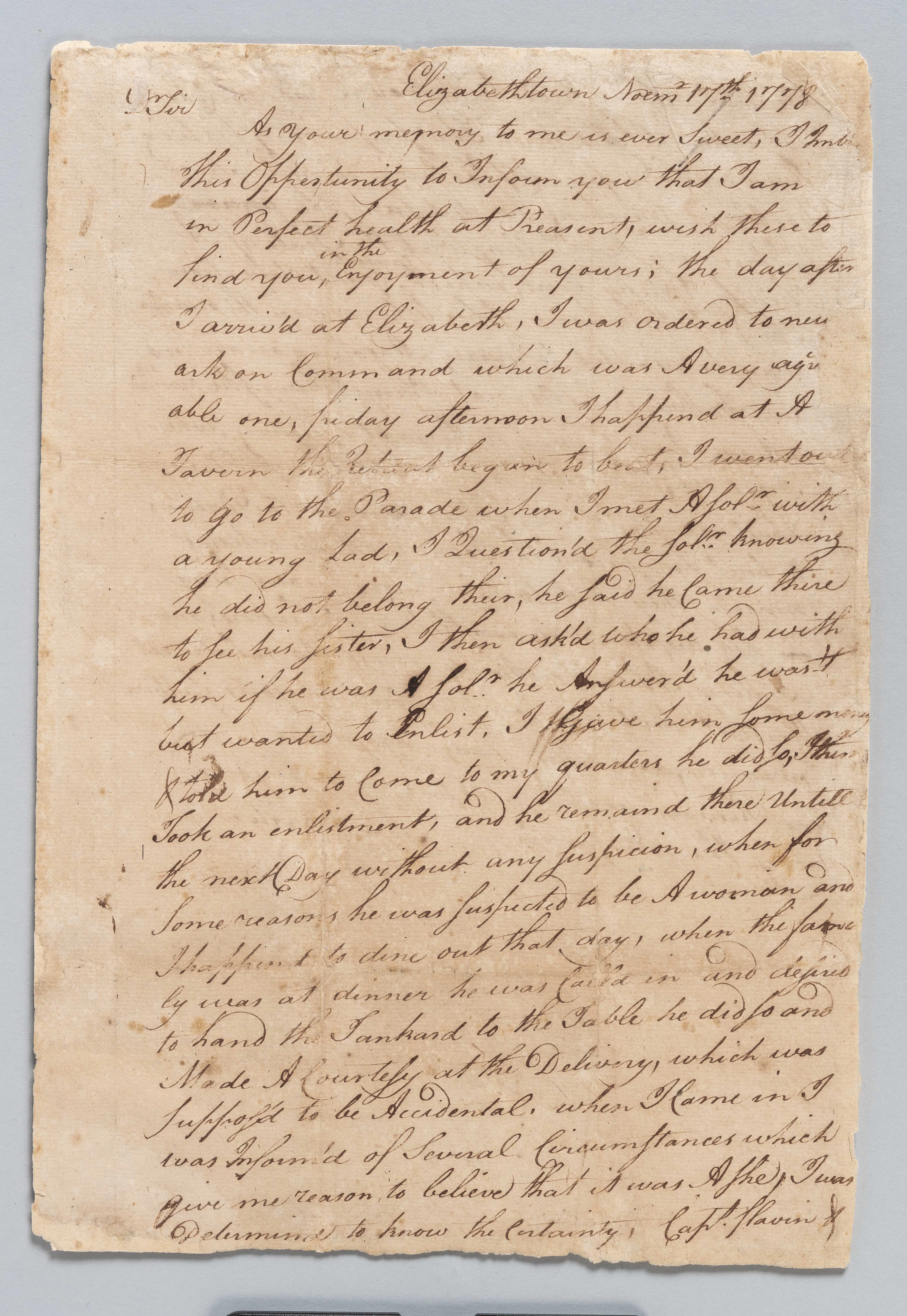 Letter by William Barton on female soldier discovery in Elizabethtown, NJ.
