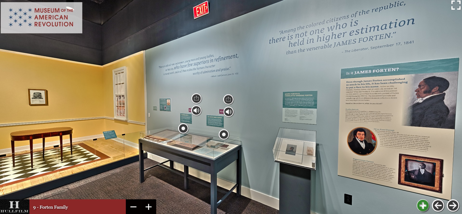 A screenshot of a 360-degree panoramic image from the Black Founders virtual tour; James Forten is featured in the Ken Burns film "The American Revolution".