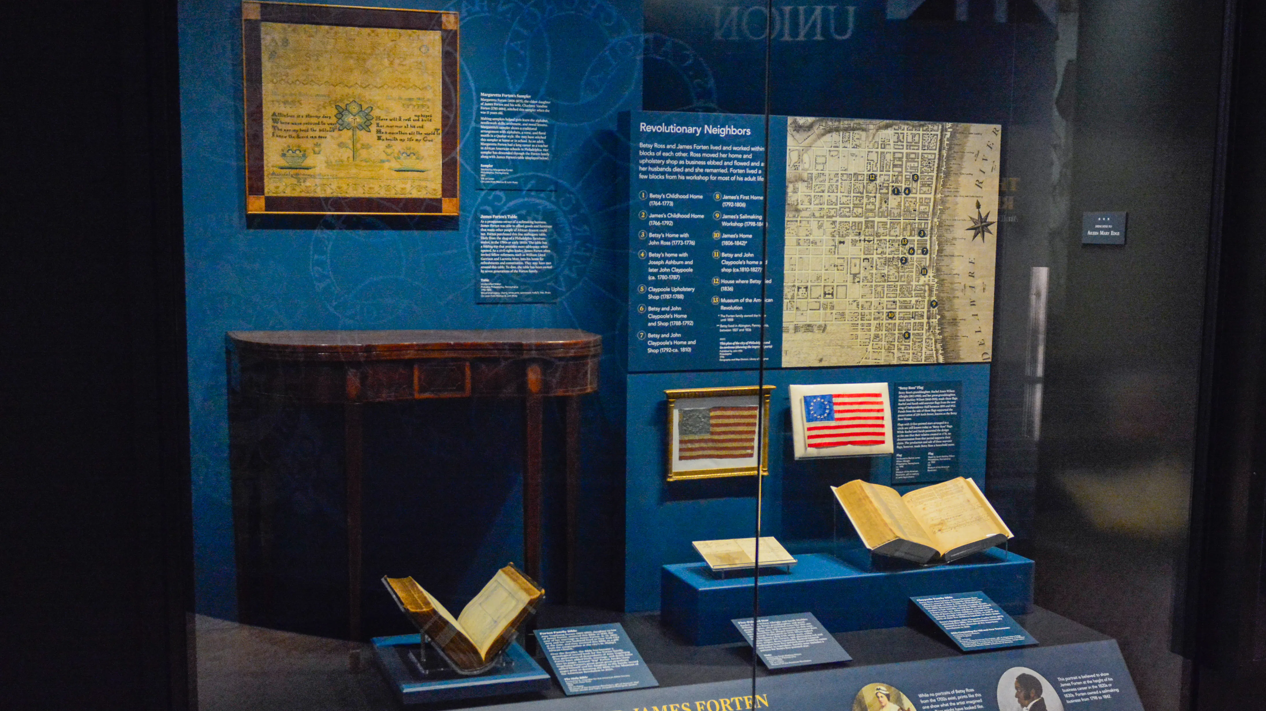A display in the Museum's final gallery dedicated to the preservation of James Forten and Betsy Ross's memory.