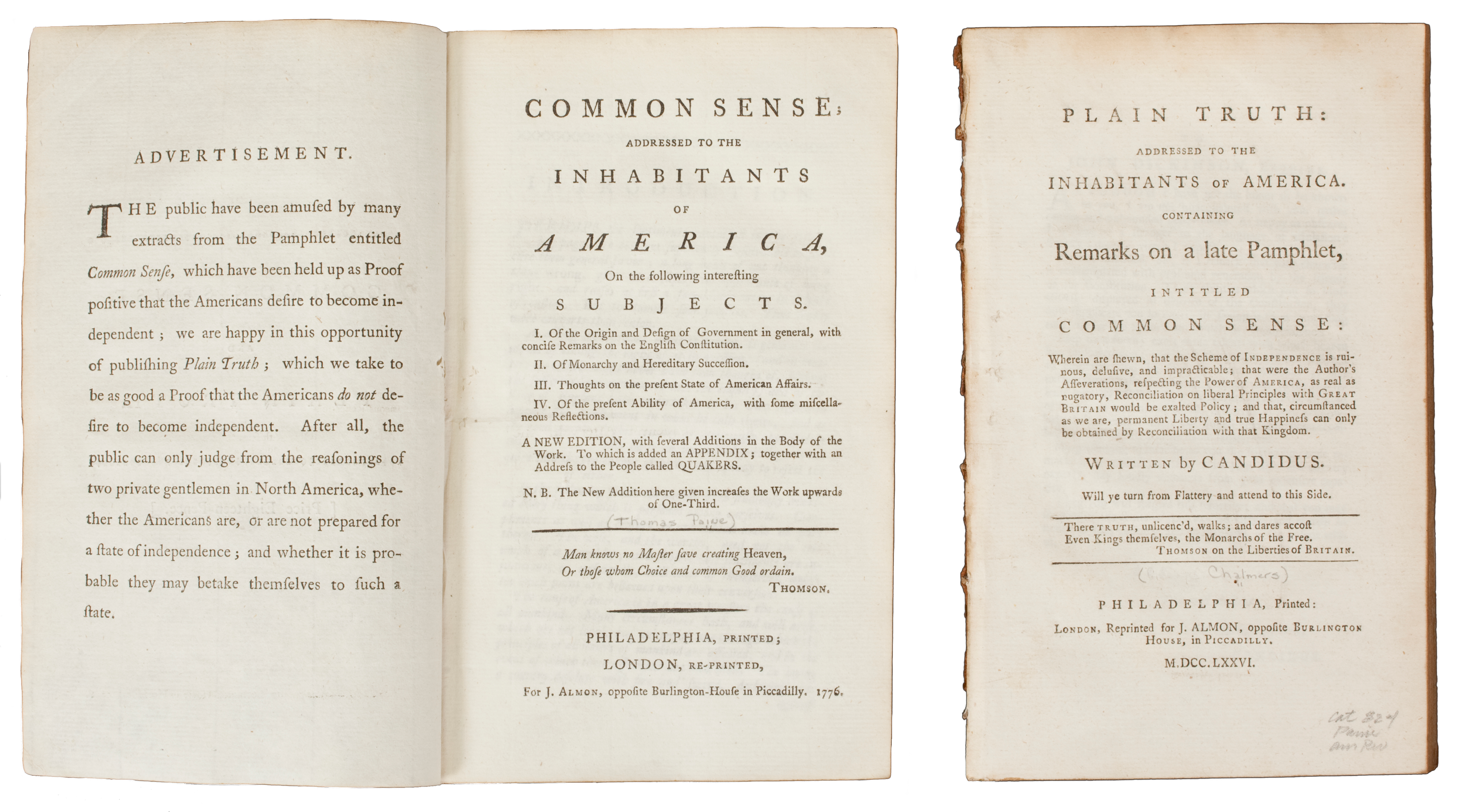 Common Sense pamphlet open to its title page next to Plain Truth pamphlet, closed to show cover
