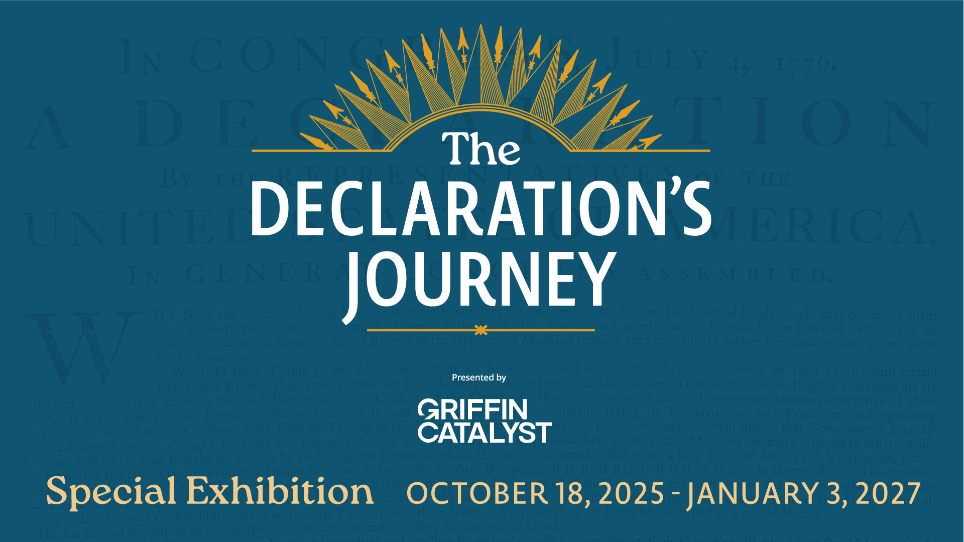 This image features the words The Declaration's Journey large in white in the center of a blue background under a gold semicircle of arrows from the compass rose.