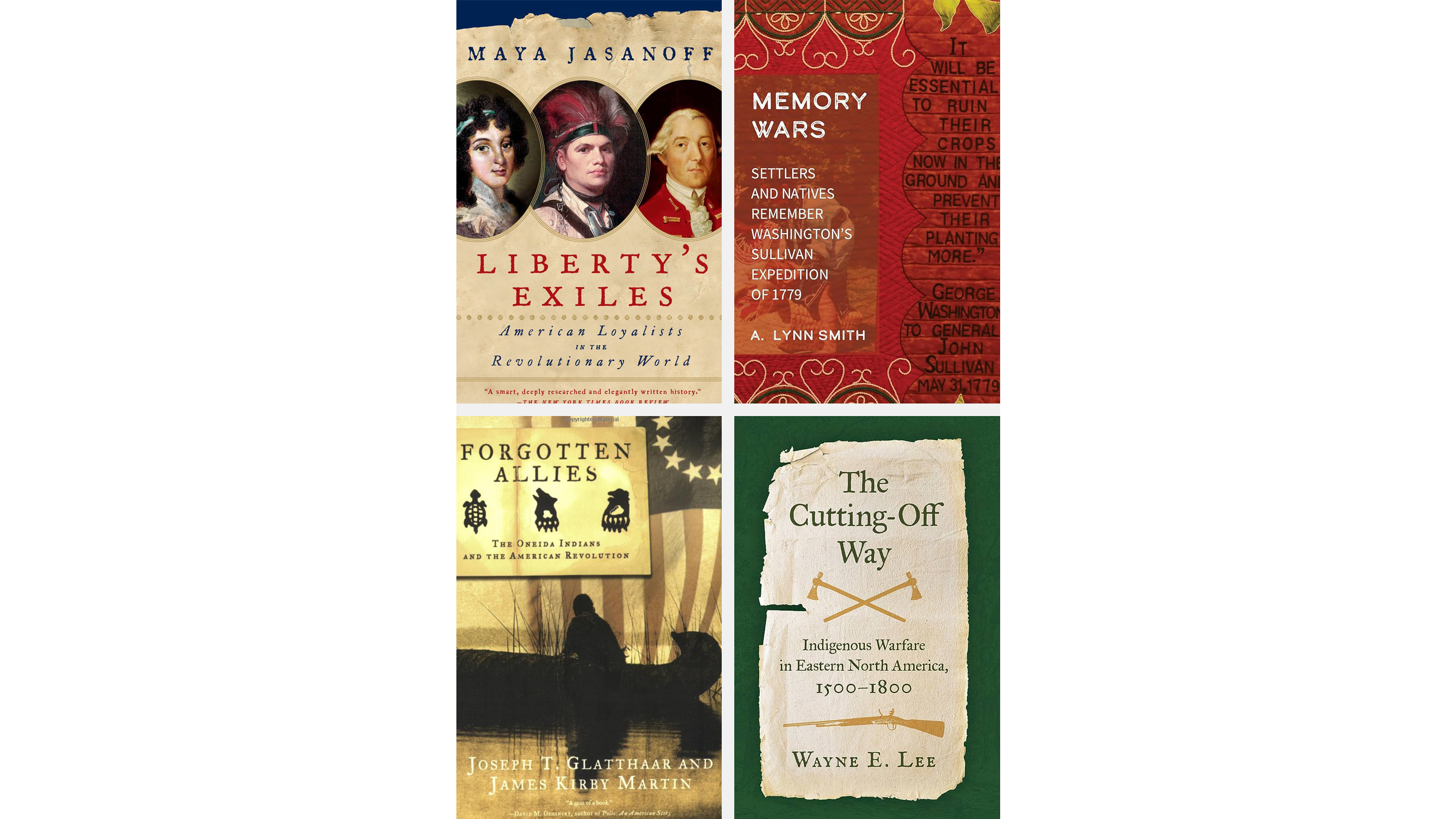 This image shows a vertical graphic with four book covers in a grid including Liberty's Exiles in the top left, Memory Wars top right, The Cutting-Off Way bottom right, and The Forgotten Allies bottom left.