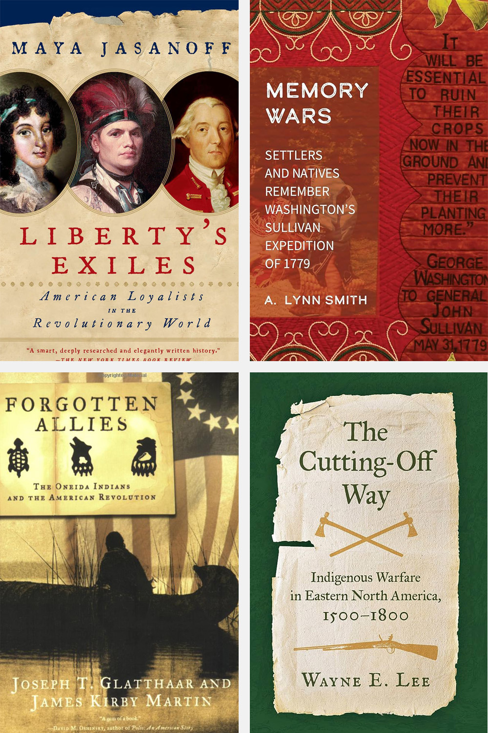 This image shows a vertical graphic with four book covers in a grid including Liberty's Exiles in the top left, Memory Wars top right, The Cutting-Off Way bottom right, and The Forgotten Allies bottom left.