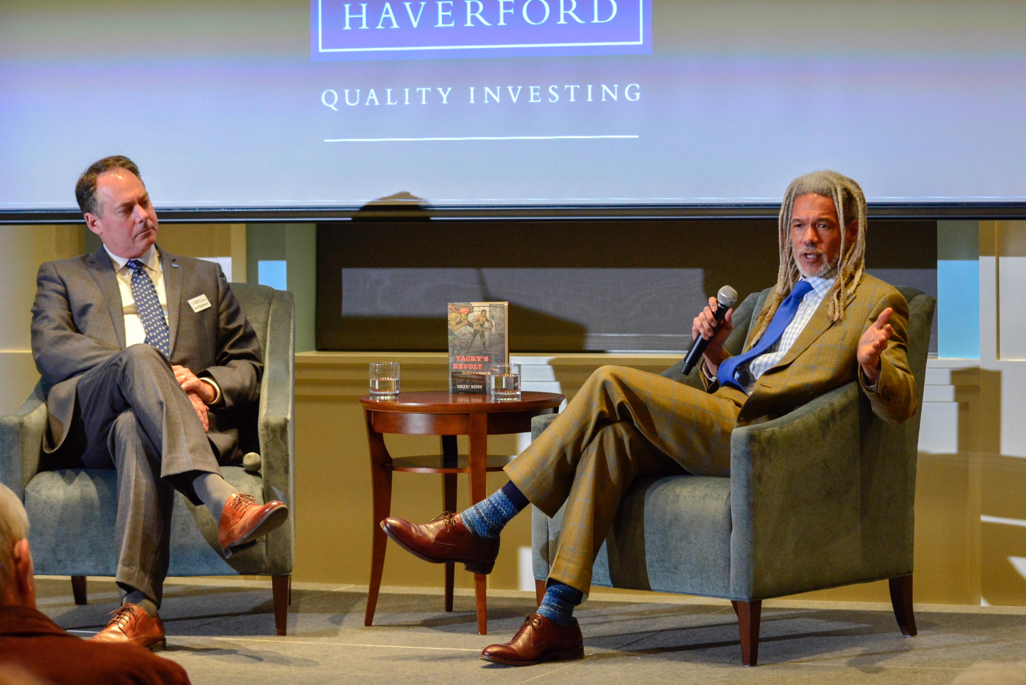 Author Vincent Brown sits with Museum CEO Scott Stephenson at a Read the Revolution Speaker Series event.