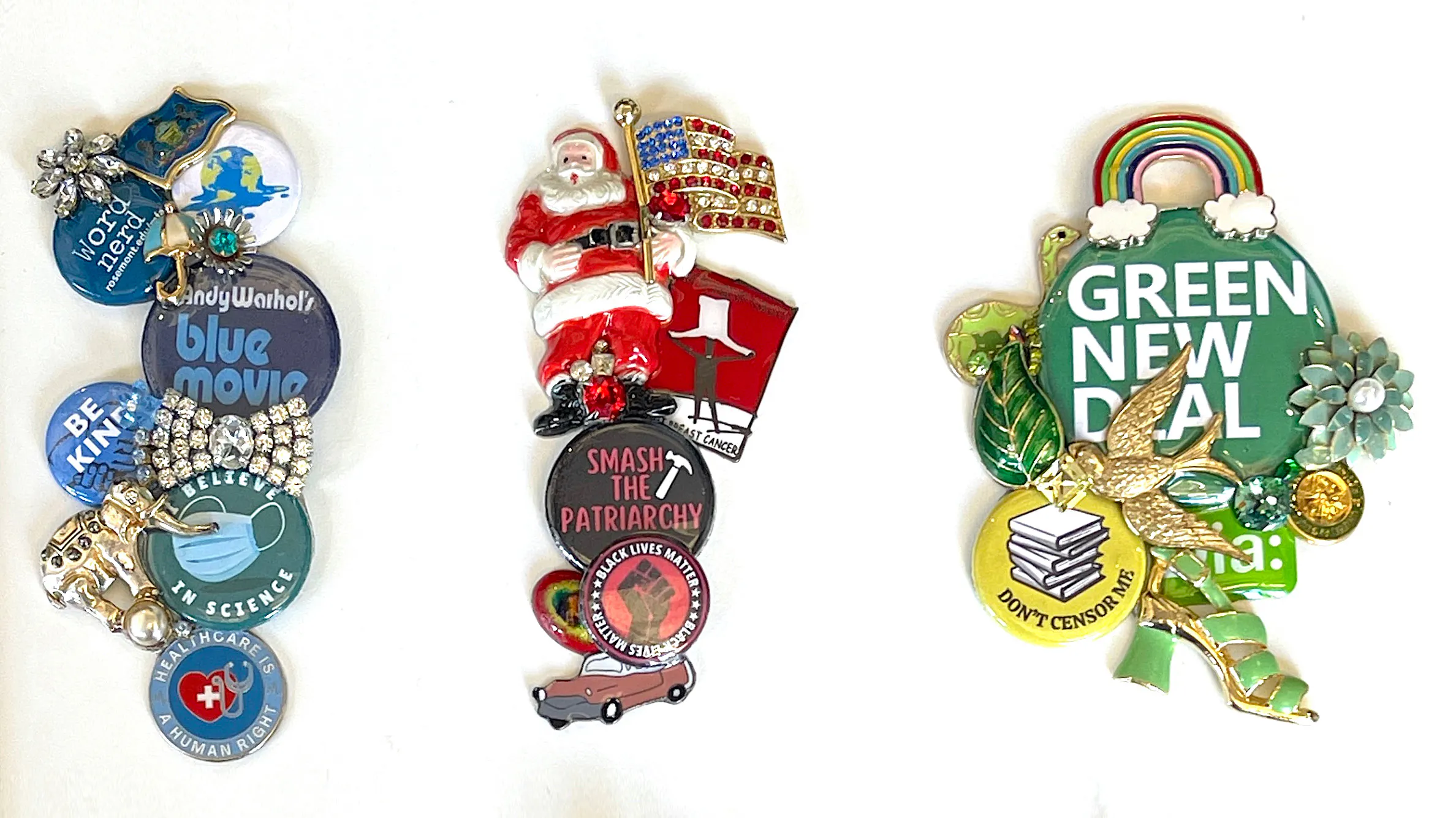 Decorative brooches made by artist John Wind that are inspired by his Whiskley Rebellion installation at the Museum.