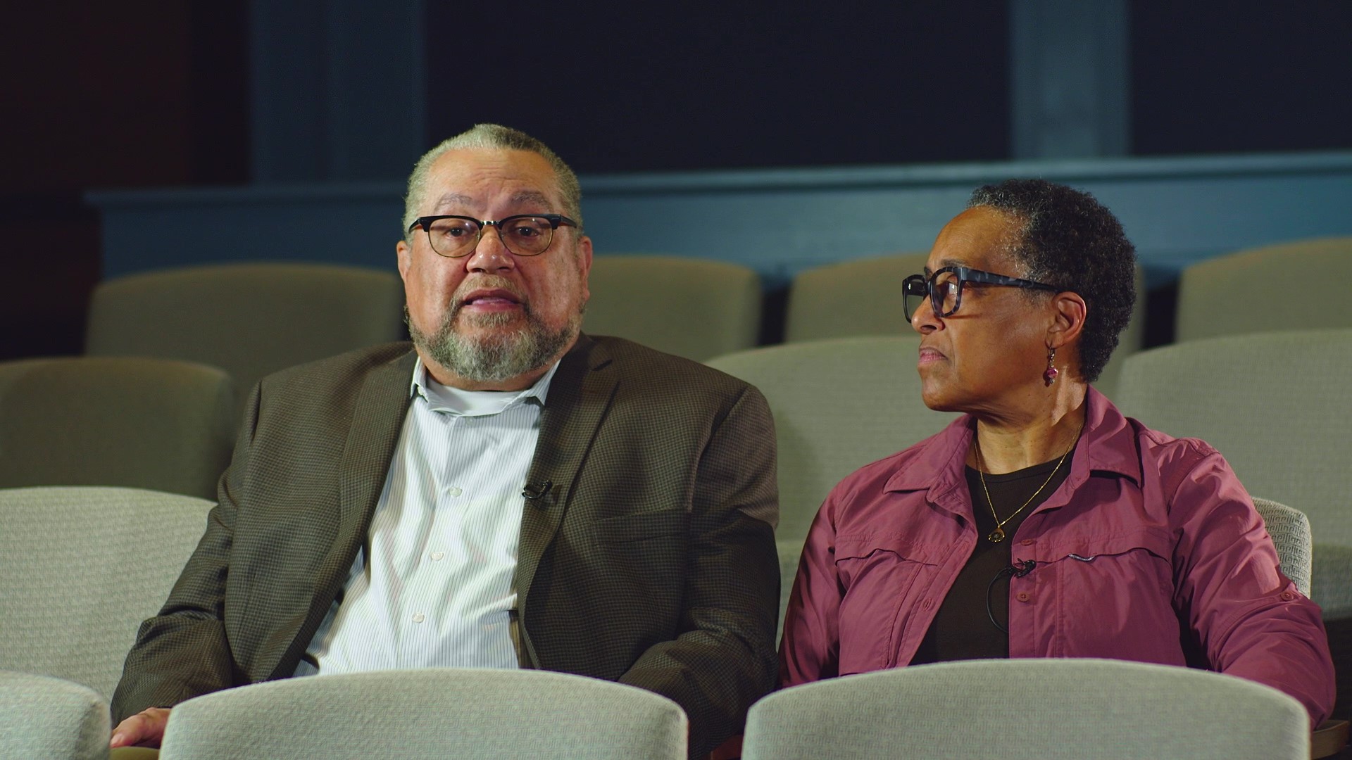 Alvin and Angela Gillem sit in the Alan B. Miller Theater and discuss what Washington's tent means to them.
