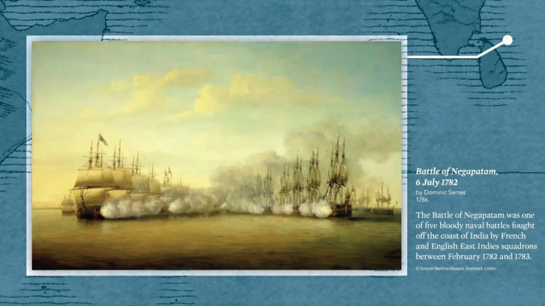 An painting of the Battle Of Negapatam off India's Coast