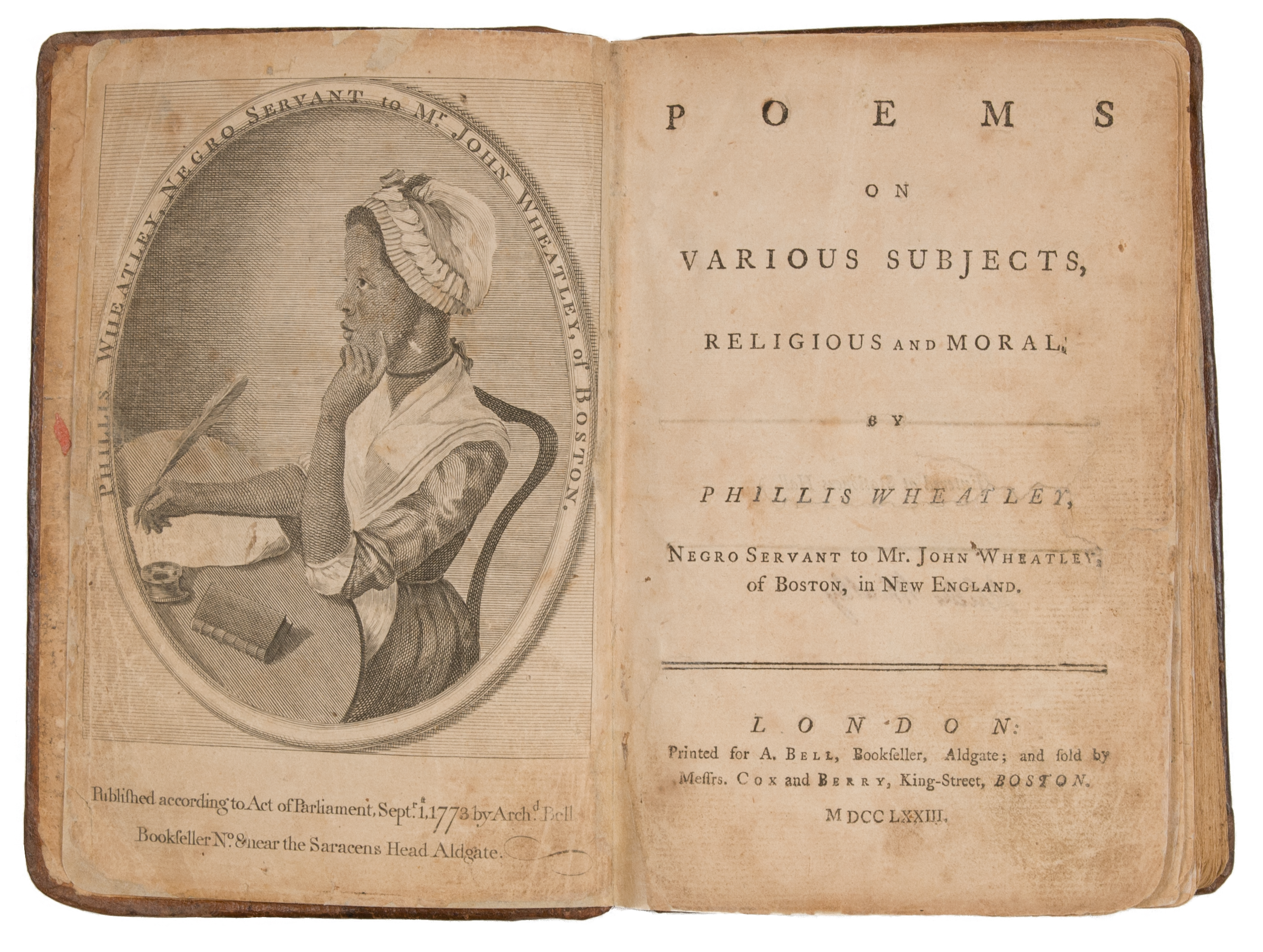 Wheatley's book of poetry open to show its title page on the right and a black and white portrait of Phillis Wheatley on the left; as seen in the Ken Burns' documentary "The American Revolution"