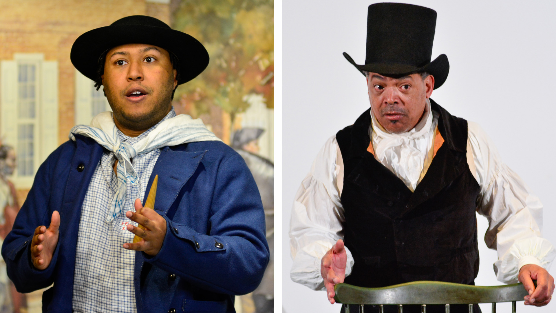 Left, Meet Young James Forten performance starring Nathan Alford-Tate. Right, Meet Elder James Forten performance starring Steve Crum.