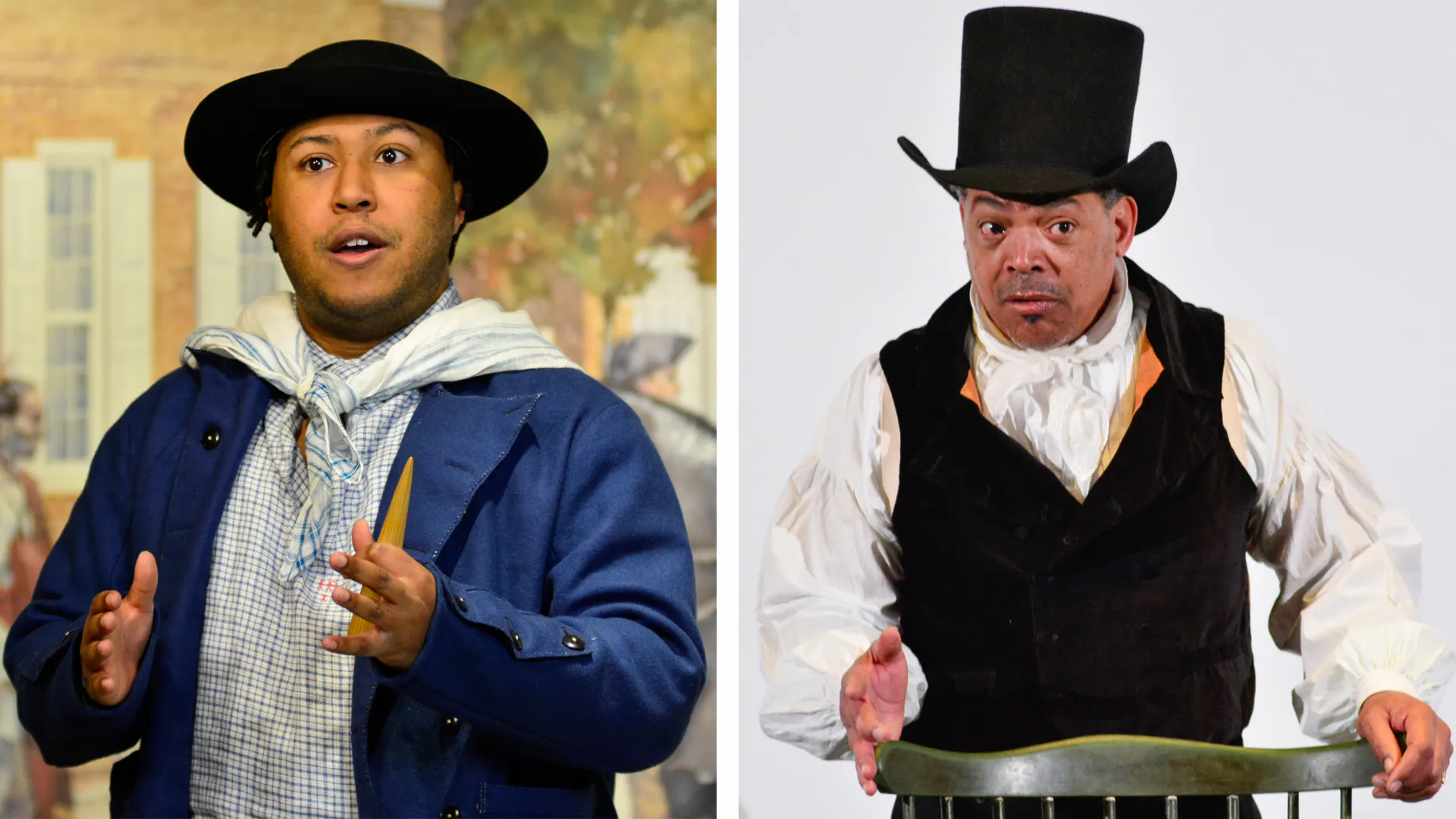 Left, Meet Young James Forten performance starring Nathan Alford-Tate. Right, Meet Elder James Forten performance starring Steve Crum.
