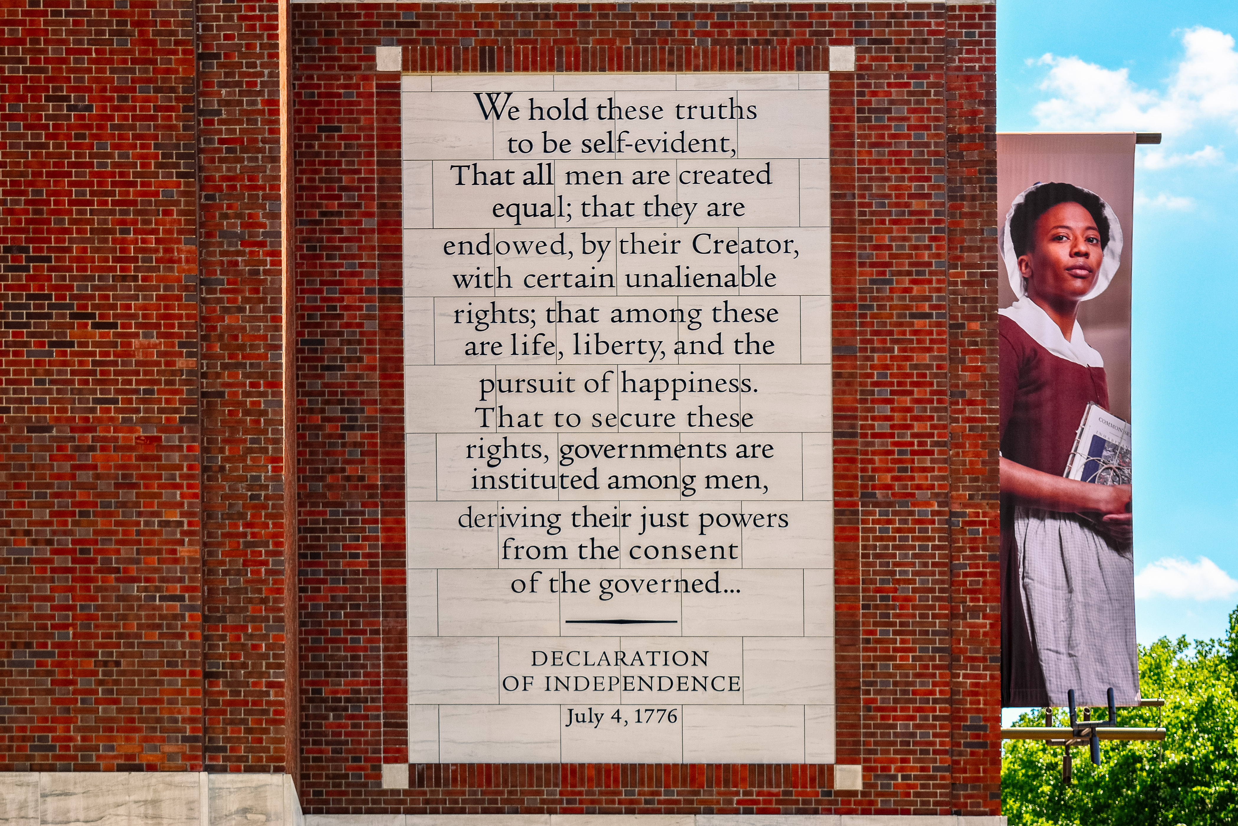 A portion of the Declaration of Independence inscribed on the side of the Museum building