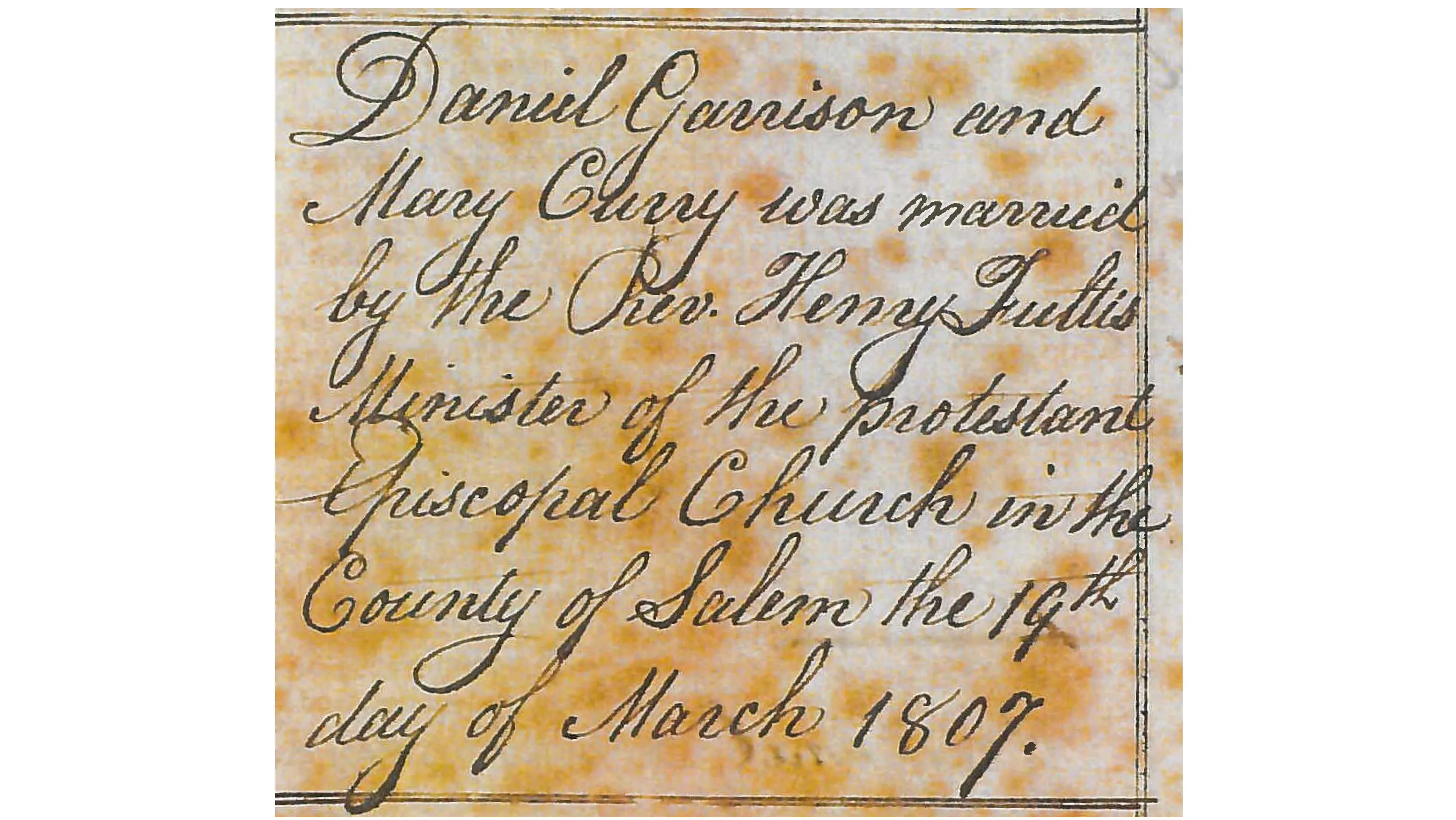 Photo of Mary Curry and Daniel Garrison's marriage listing from the Garrison family Bible