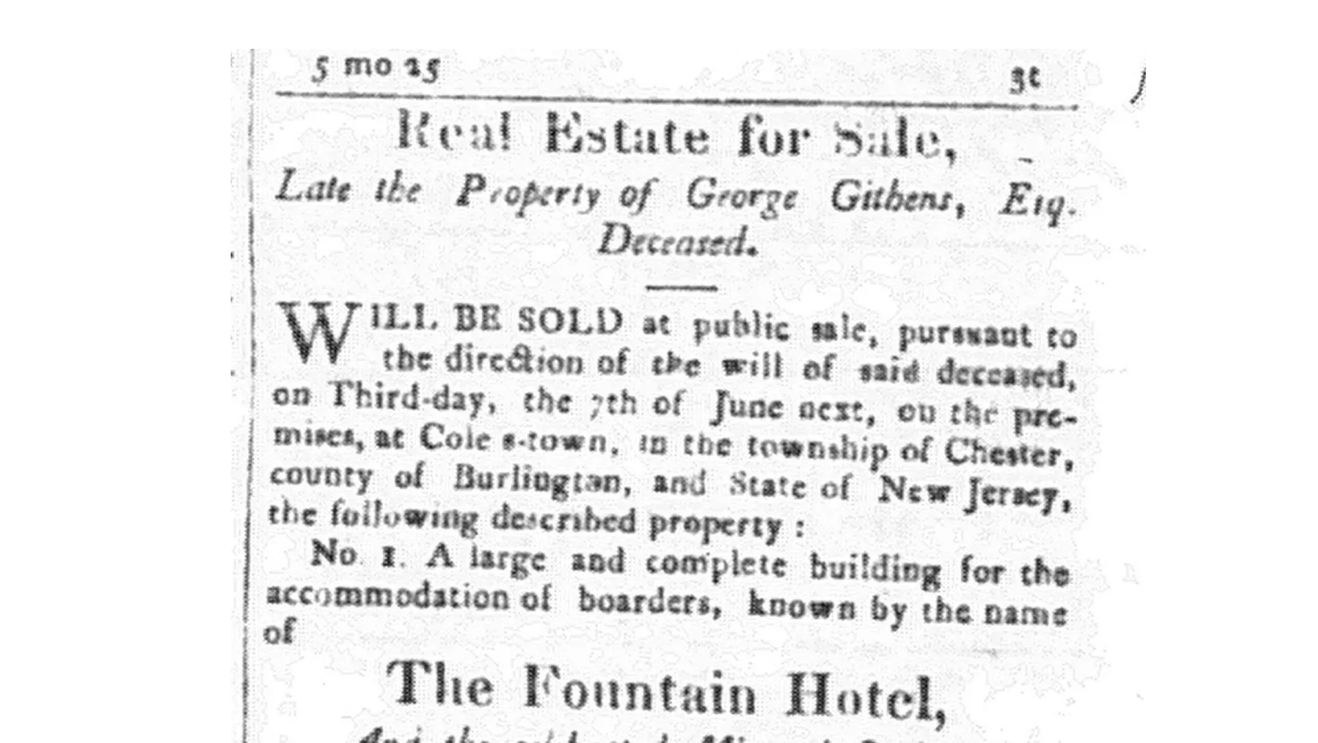Photo of Advertisement for the sale of the property of George Githens