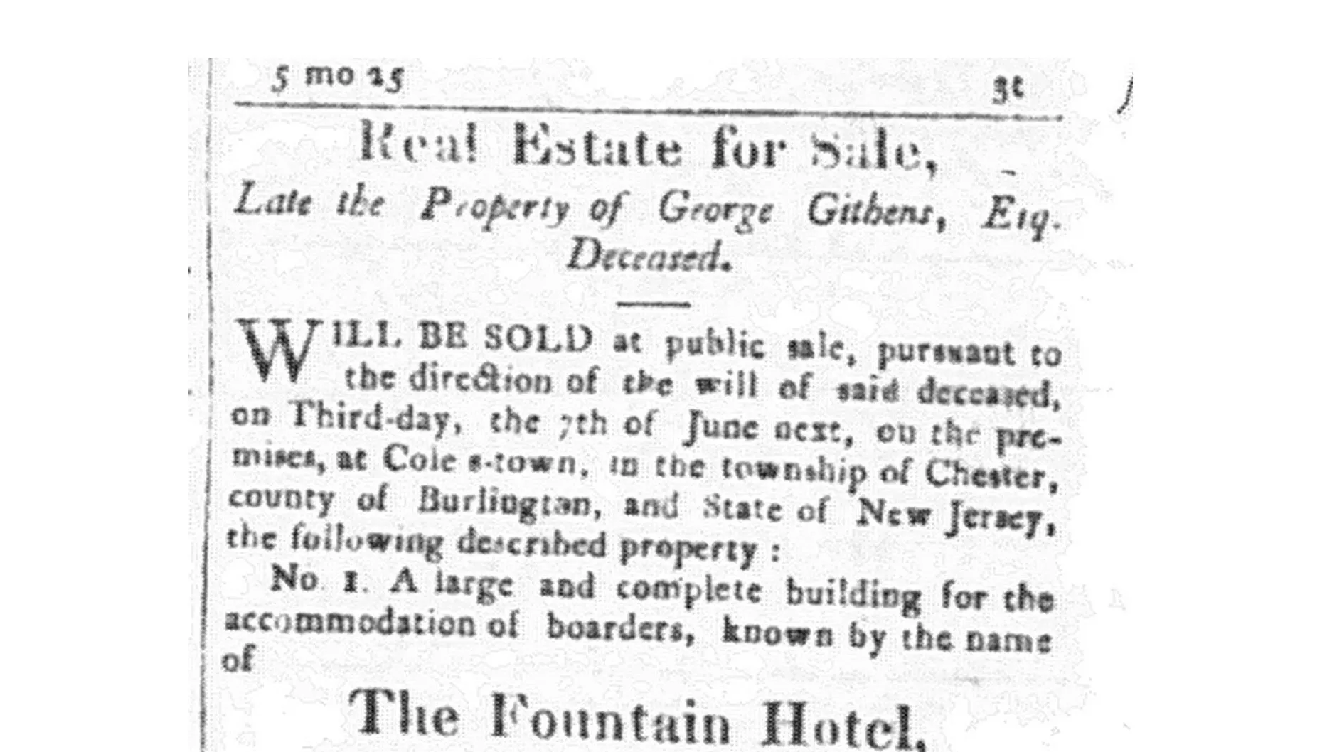 Photo of Advertisement for the sale of the property of George Githens