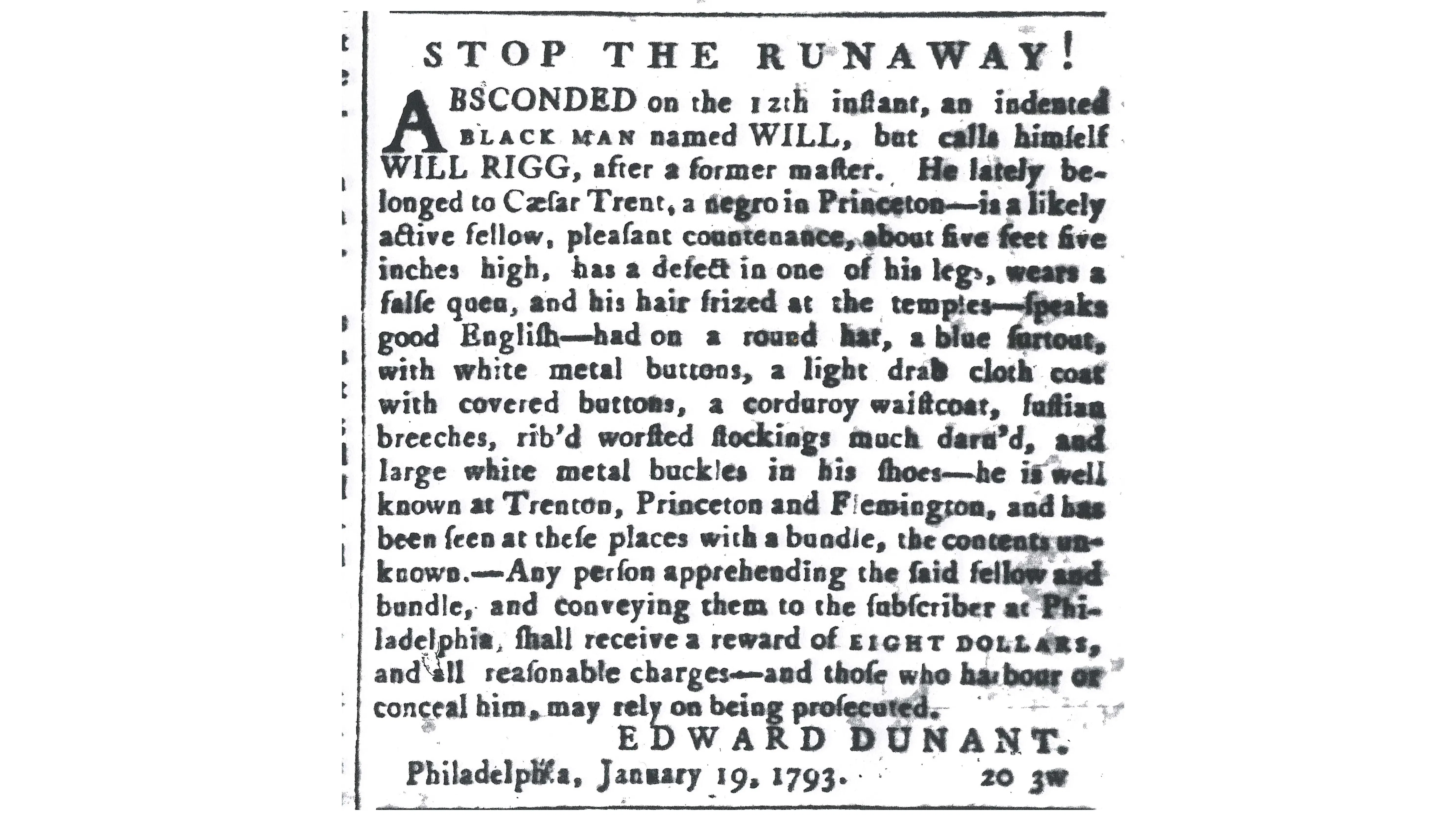 Newspaper clipping: “Stop the Runaway!,” New Jersey State Gazette, 23 January 1793