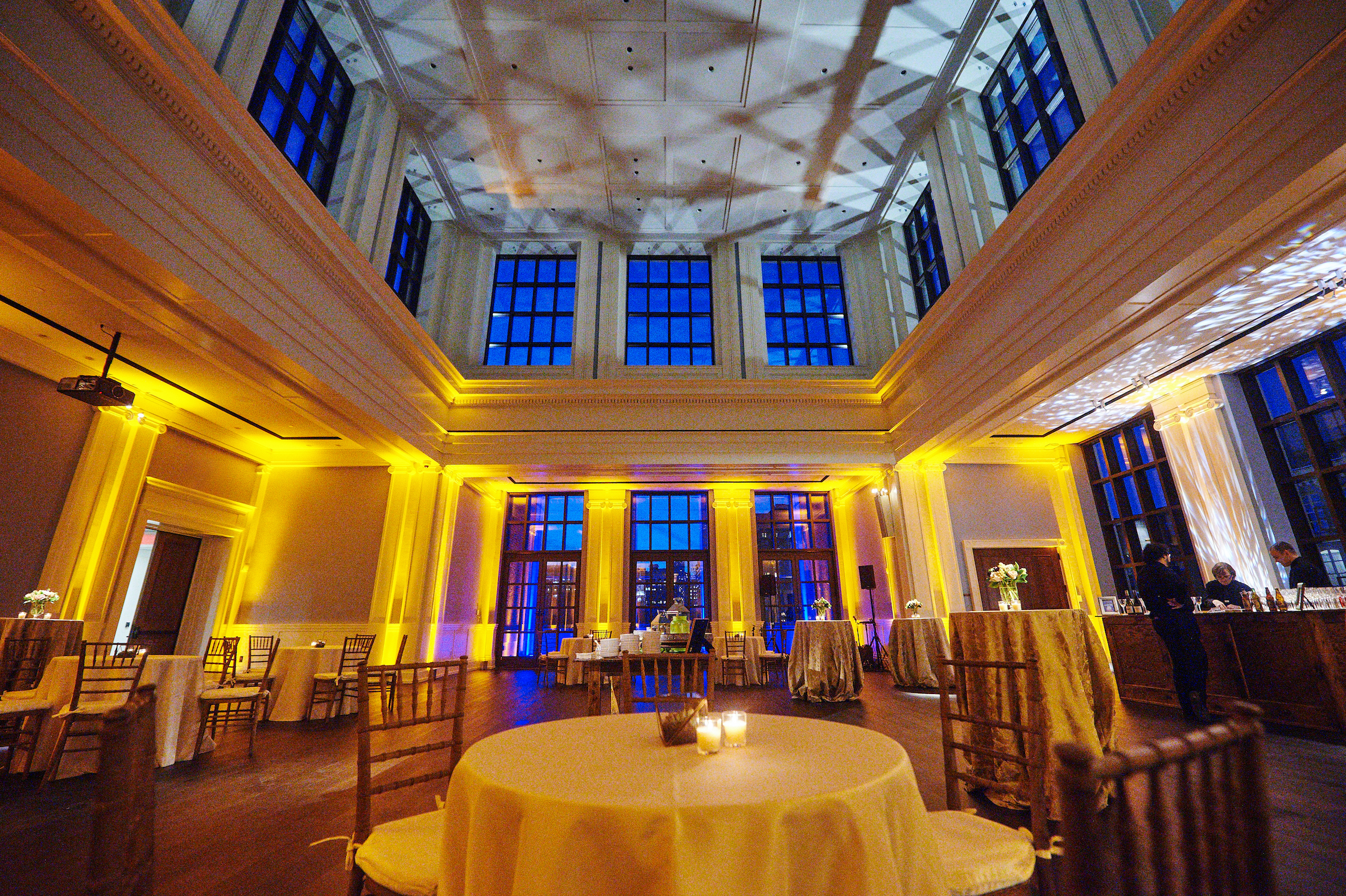 The Museum hall decorated and illuminated for a wedding.