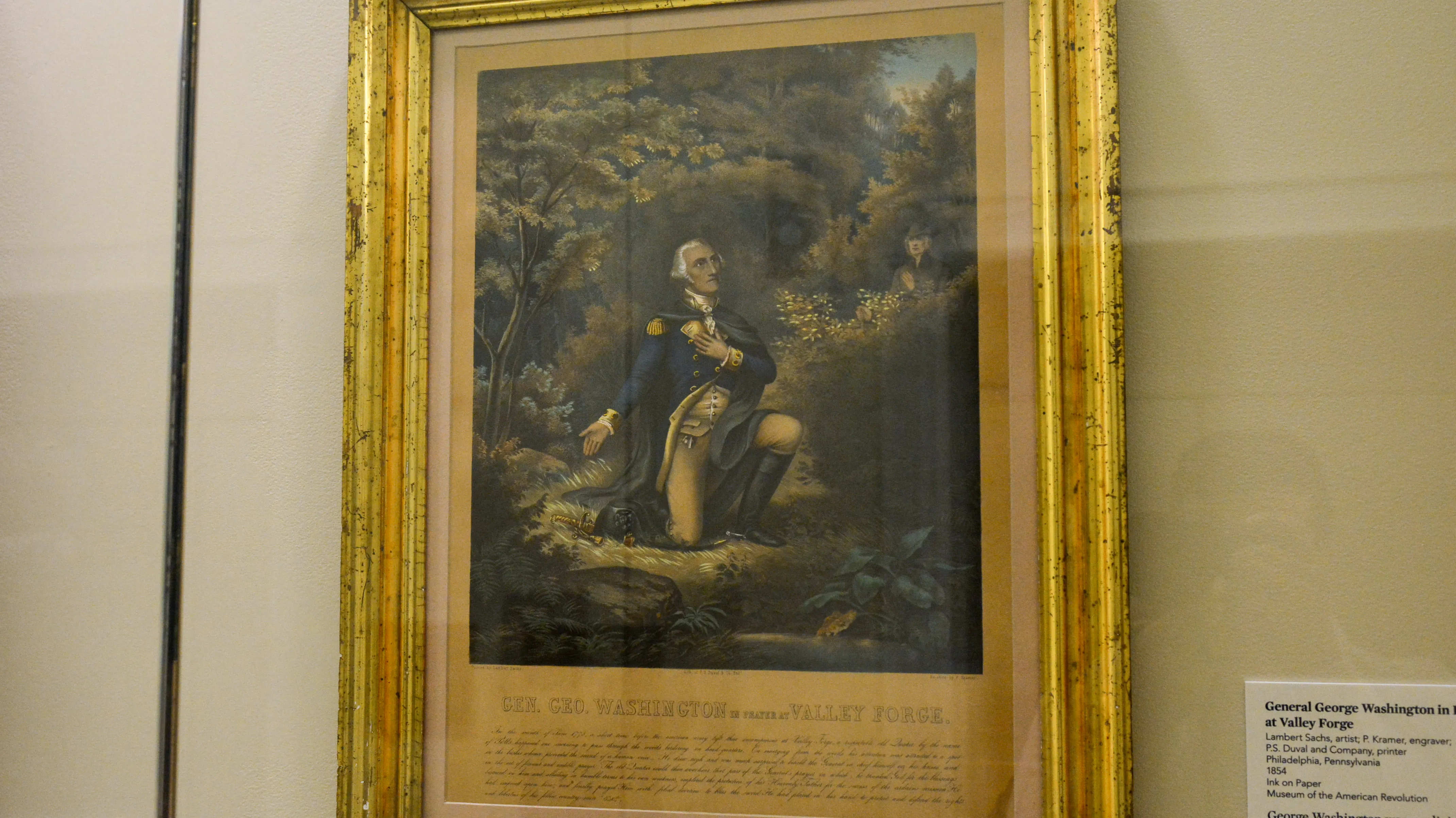 P. Kramer's engraving of Washington's prayer on bended knee at Valley Forge.