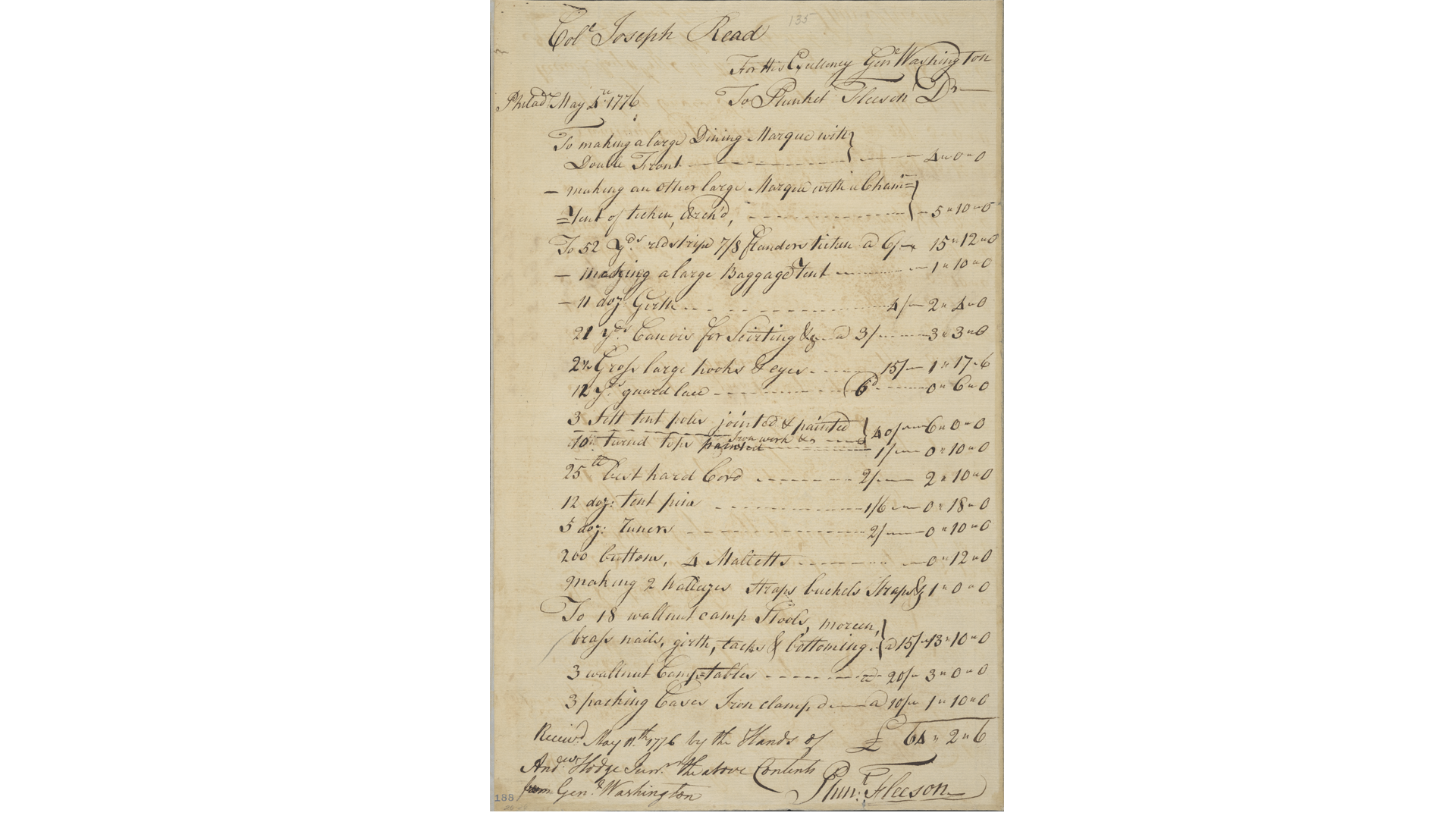 May 1776 handwritten receipt by Plunkett Fleeson documenting George Washington's order for new tents and camp equipment.