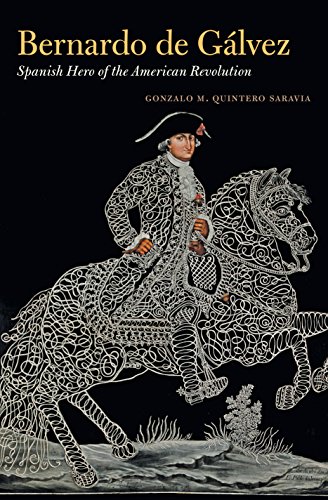 The cover of Bernardo De Galvez Spanish Hero of the American Revolution by Gonzalo Saravia depicts a black background and white lines that illustrate a horse standing on the ground. His front legs are in the air and Bernardo sits on top of him. Bernardo’s outfit is also depicted in white lines, while his hands and face are colored. He looks at the viewer and is wearing a black hat with a white brim.