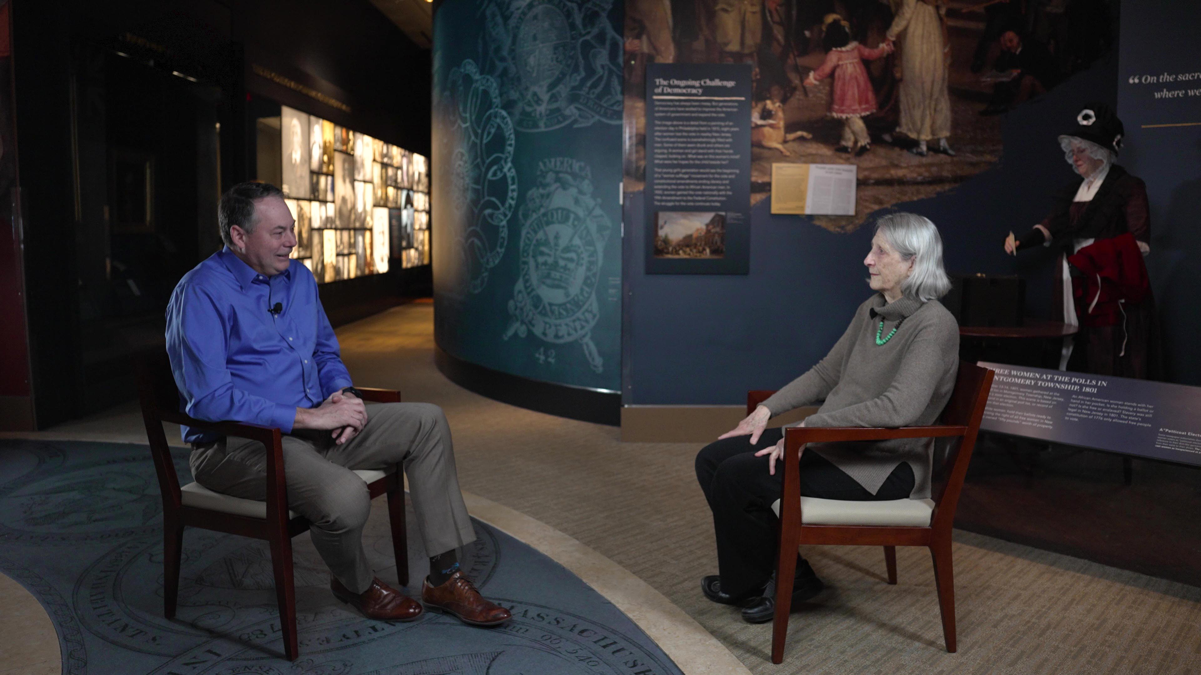 Filming an episode of AmRev360 with Dr. R. Scott Stephenson to the left and Laurel Thatcher Ulrich to the right.
