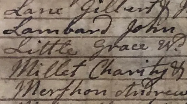 Photo of Grace Little's name listed in 1797 Western Precinct Somerset County Tax list, page 8