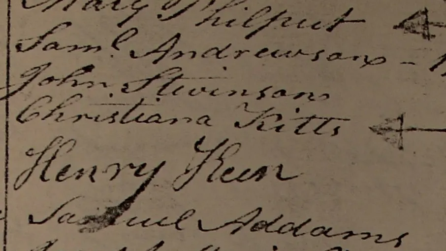 Photo of Christiana Kitts's name listed on December 1800 poll list from UPN Township