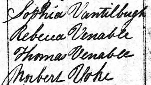 Photo of 1830 US census listing of Rebecca Venable