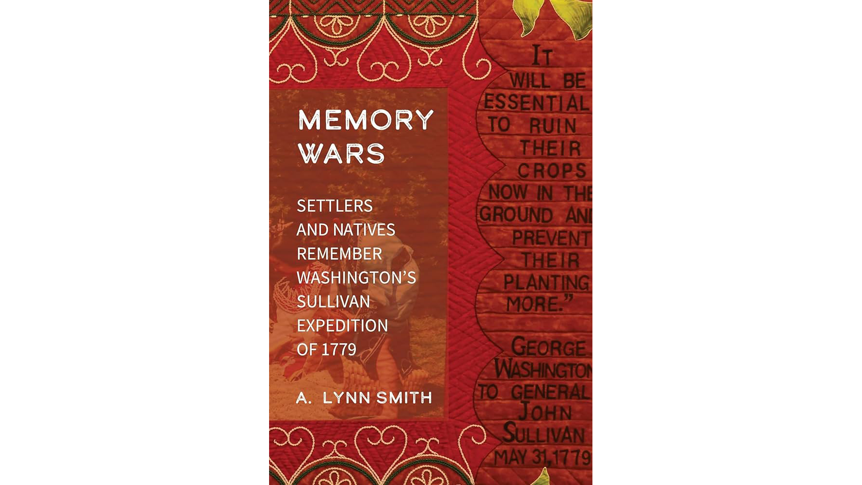 This image shows the book cover for the book Memory Wars with a red background textured with Native American symbols and the book title and author name in white font to the left side.
