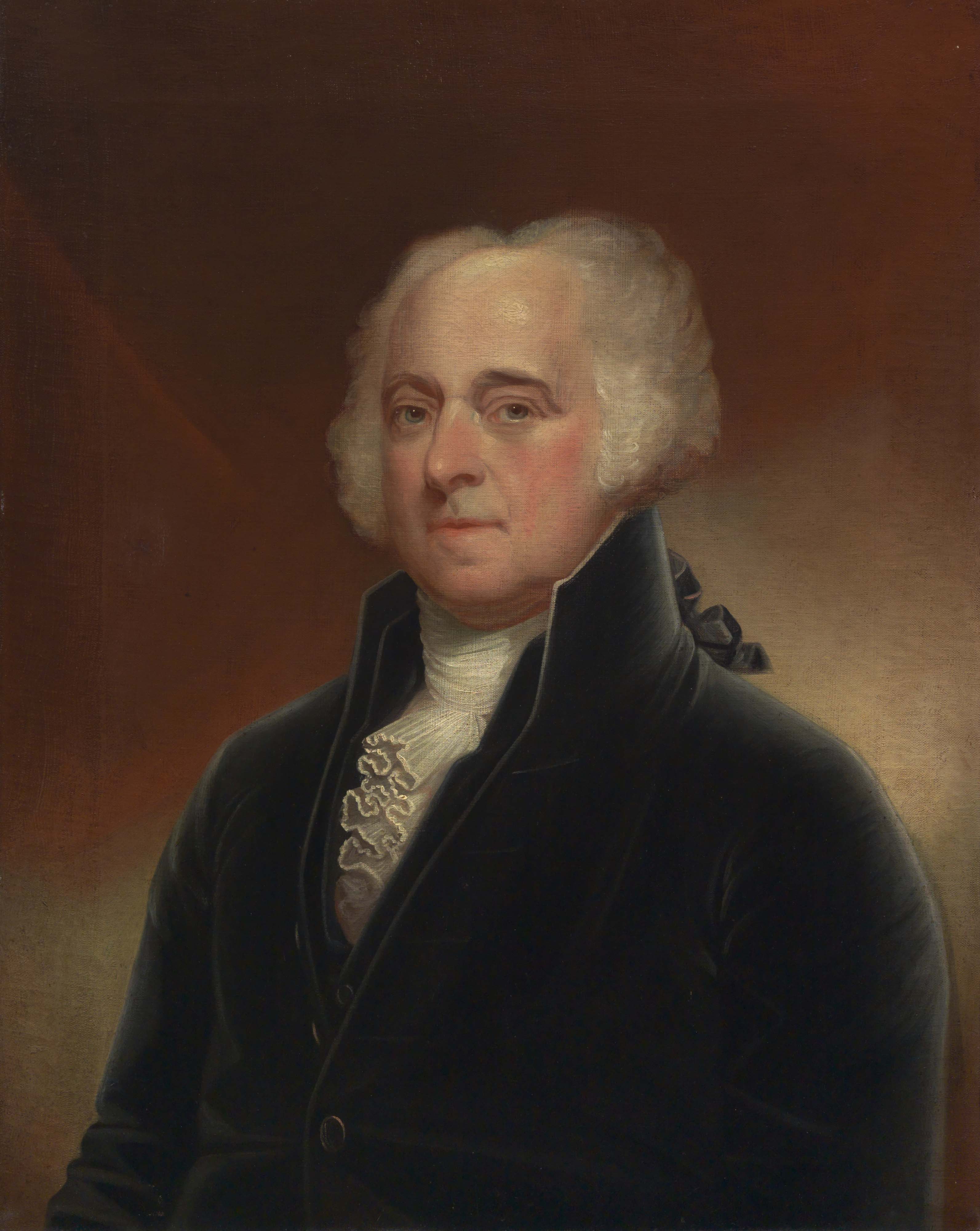 Portrait painted of John Adams, who had white hair, balding, wearing a black formal jacket and a white shirt underneath.
