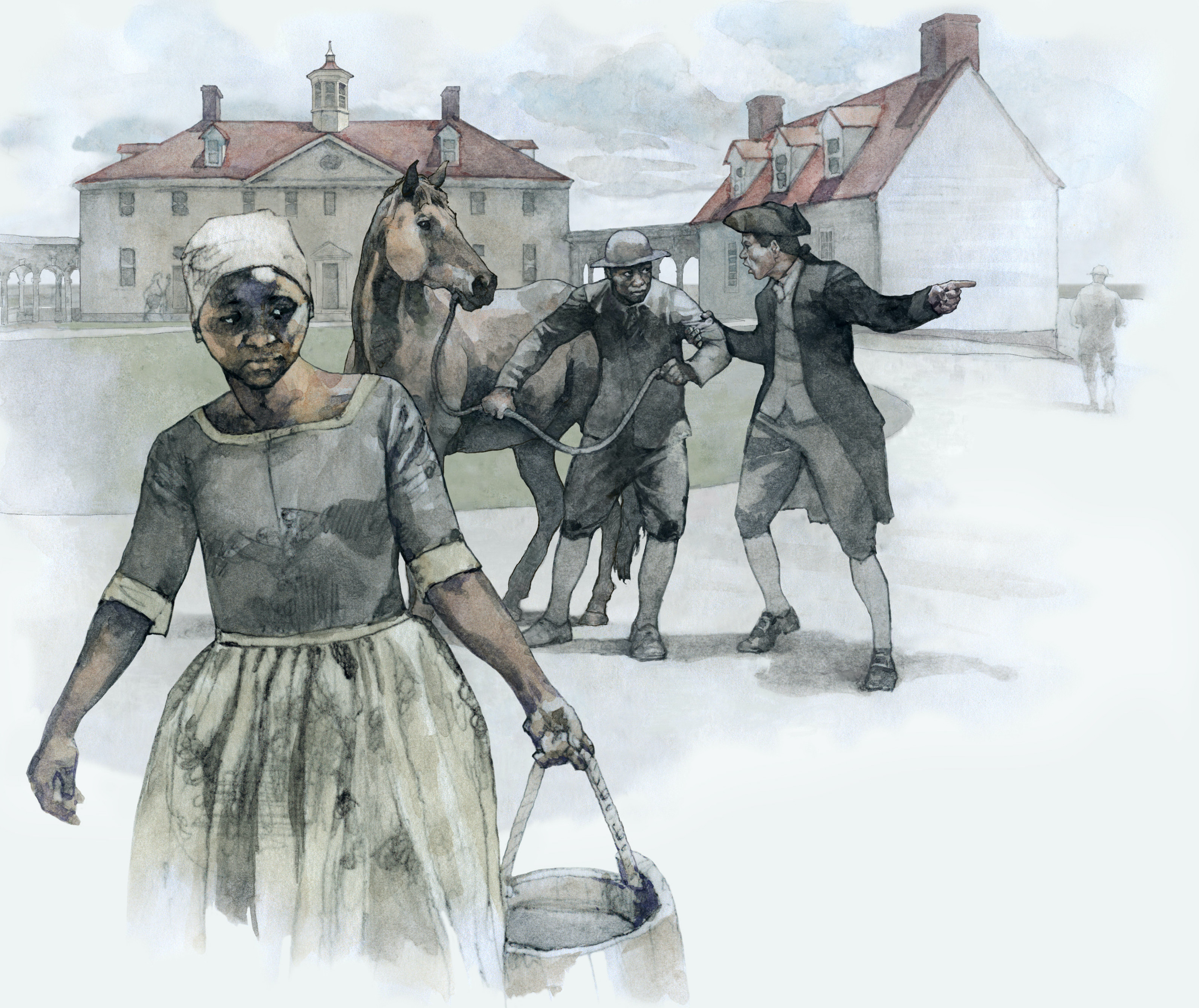 A watercolor depicts Deborah, a person of African descent, carrying a water bucket in her left hand.