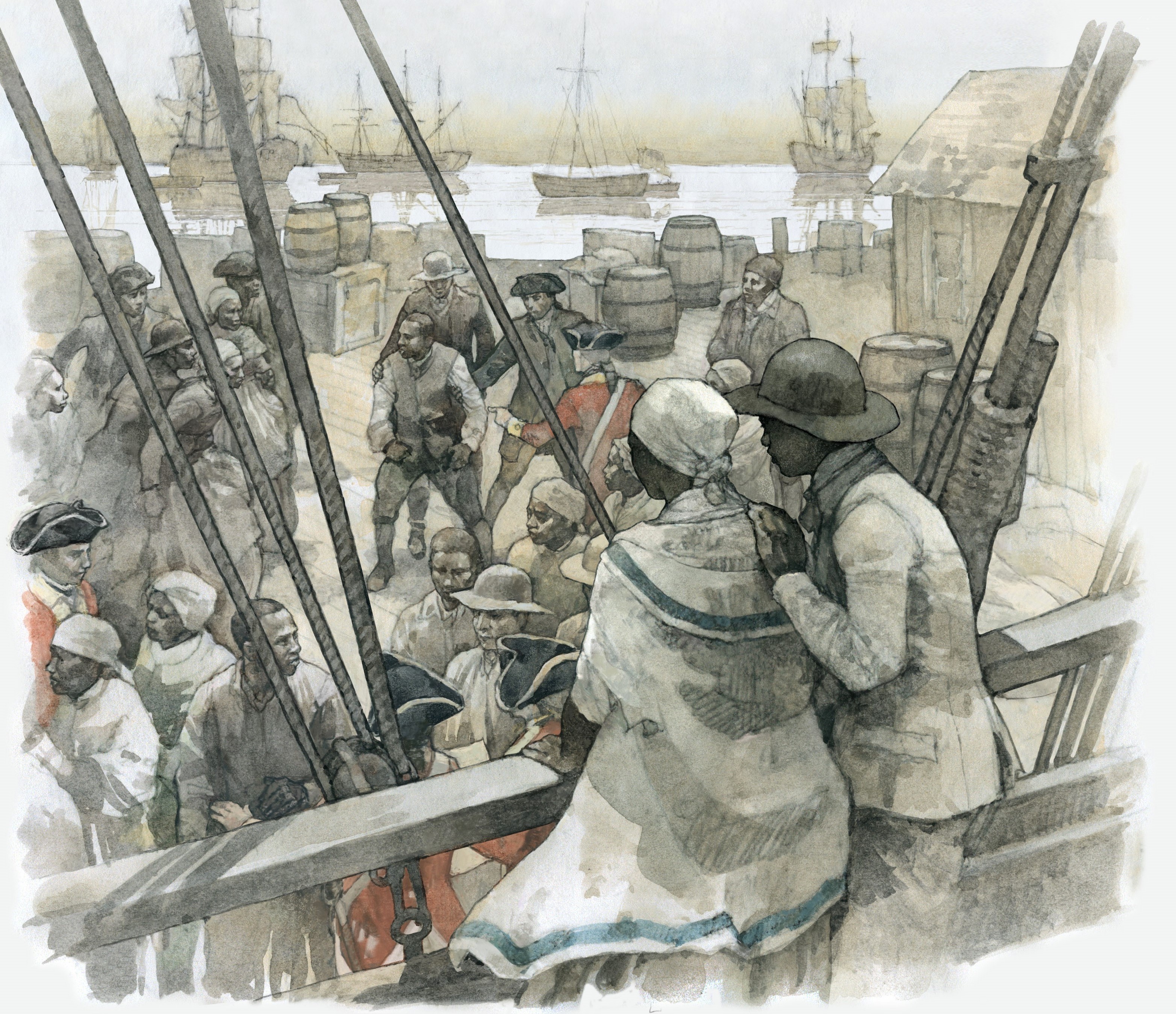 A watercolor depicts Deborah and Harry aboard a ship setting sail for Nova Scotia.