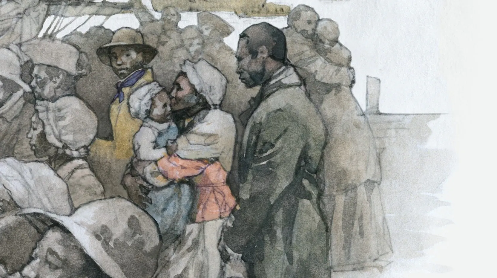 A watercolor depicts a group of people of African descent talking to British soldiers on a dock.